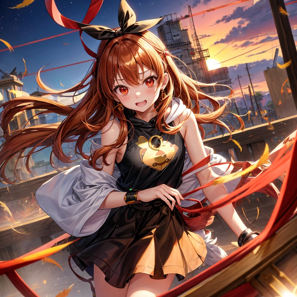 Brown, red, gold, golden hair、Red eyes、One good looking girl、solo、anime、Checkered mini skirt、Black camisole、Black T-shirt、hoodie、Wearing a ribbon、Ribbon on waist、Crystal Earrings、treasure石のネックレス、Light and shadow、Tilting face、Teeth are visible、waterfall、Kuroko、treasure、wearing goggles on head、Feather coat、tunnel、pylon、Sunset sky