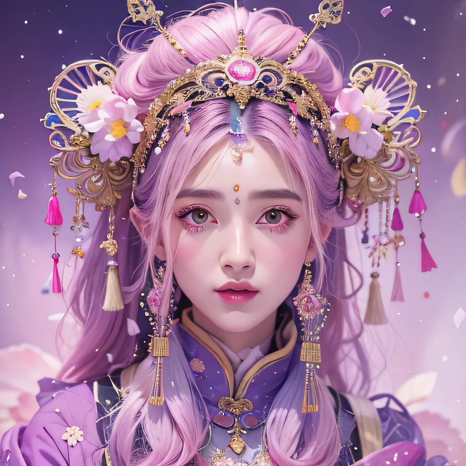 (((Single eyelid)))Snow hoop exclusion area 32K(tmasterpiece,k hd,hyper HD,32K)Long flowing purple-pink hair,Autumn Pond,zydink, a color, Tongzhou people (Girl with glowing eyes), (Thin silk scarf), Side squat position, looking at the ground, long whitr hair, Floating hair, Python headdress, Chinese long-sleeved clothing, (abstract ink splash:1.2), white backgrounid,Lotus protector(realisticlying:1.4),Purple-pink hair,Snowflakes fluttering,The background is pure, A high resolution, the detail, RAW photogr, Sharp Re, Nikon D850 Film Stock Photo by Jefferies Lee 4 Kodak Portra 400 Camera F1.6 shots, Rich colors, ultra-realistic vivid textures, Dramatic lighting, Unreal Engine Art Station Trend, cinestir 800,Long flowing purple-pink hair,((masterpiece)). This artwork is sweet, dreamy and ethereal, with soft pink watercolor hues and candy accents. Generate a delicate and demure fae exploring a (bubblegum world with a wide variety of pastel shades). Her sweet face is extremely detailed and realistic with elegant features and a fierce expression, and looks like ((((naomi scott)))). Include mature features and stunning, highly realistic eyes. Her eyes are important and should be realistic, highly detailed, and beautiful. In high definition and detail, include lots of details like stars, galaxies, colorful bubbles, colorful petals, and lots of energy and emotion! The stars and colorful bubblegum bubbles are important! Include fantasy details, enhanced details, iridescence, colorful glittering wind, and pollen. Pay special attention to her face and make sure it is beautifully and realistically detailed. The image should be dreamy and ethereal.8k, intricate, elegant, highly detailed, majestic, digital photography