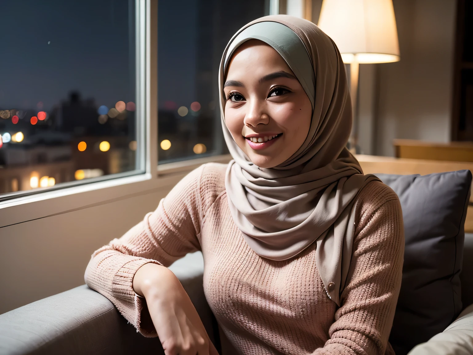 masterpiece), best quality, beautiful detailed hair detailed face, ultra high res, sharp focus, ((1 woman, solo)), perfect feminine face, upper body, magazine cover, (at the night time:1.5), (from front), in cafe, coffee, cake, look at viewer, sitting on the chair, (colorful comfy clothes:1.5), ((beautiful shape eyes, green eyes)), smiles a 20 yo malay girl wearing hijab, wearing beutiful classes, hijabi