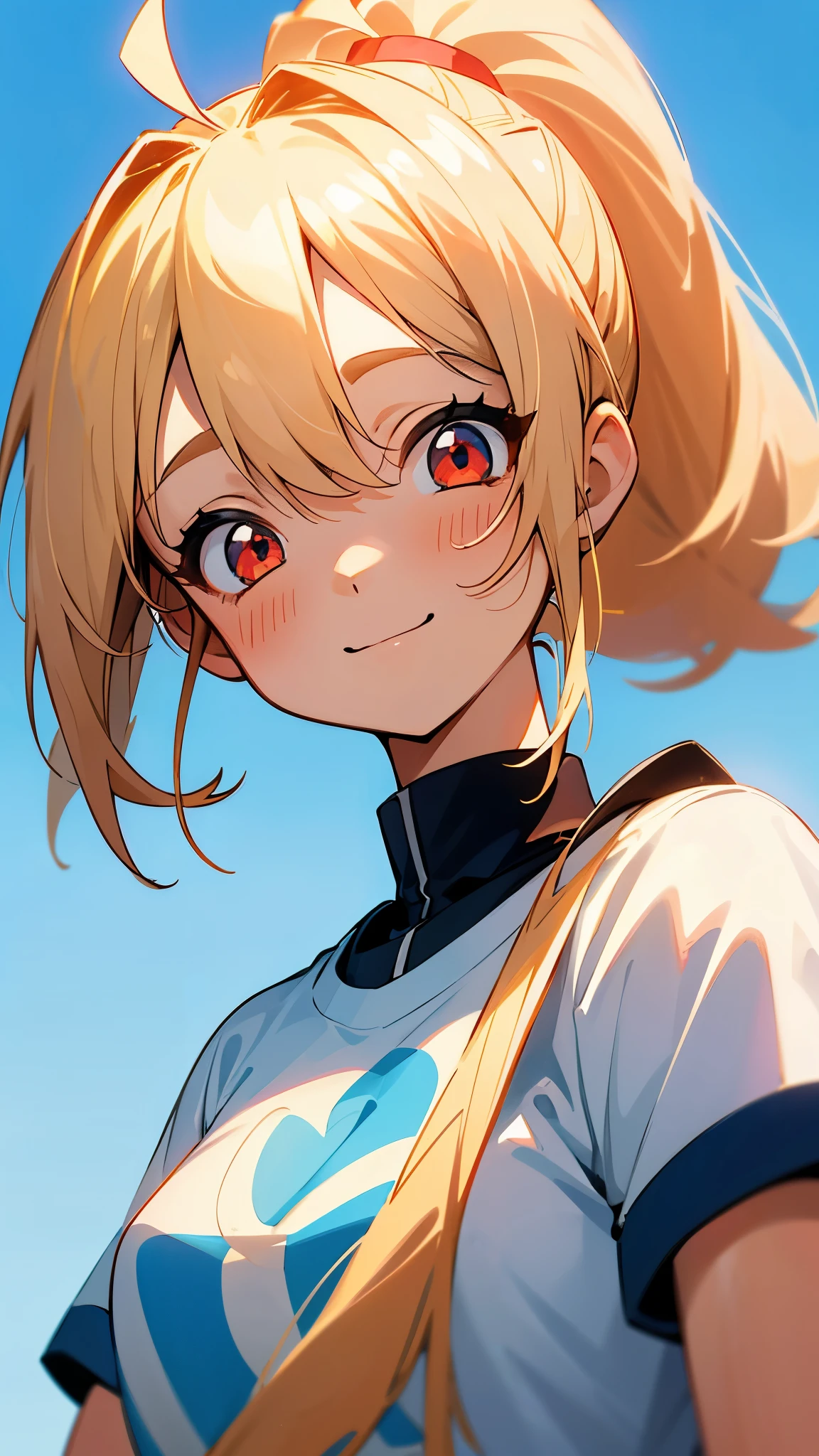 1 Girl、Blonde ponytail、Ahoge、Beautiful red eyes、Sky blue solid color background, pure blue background, Dark blue background, Warm Tones, Warm Light, Healing Line、White based T-shirt, smile, 楽しそうにニヤリとsmile, Upper body close-up, Anime Style、Head close-up