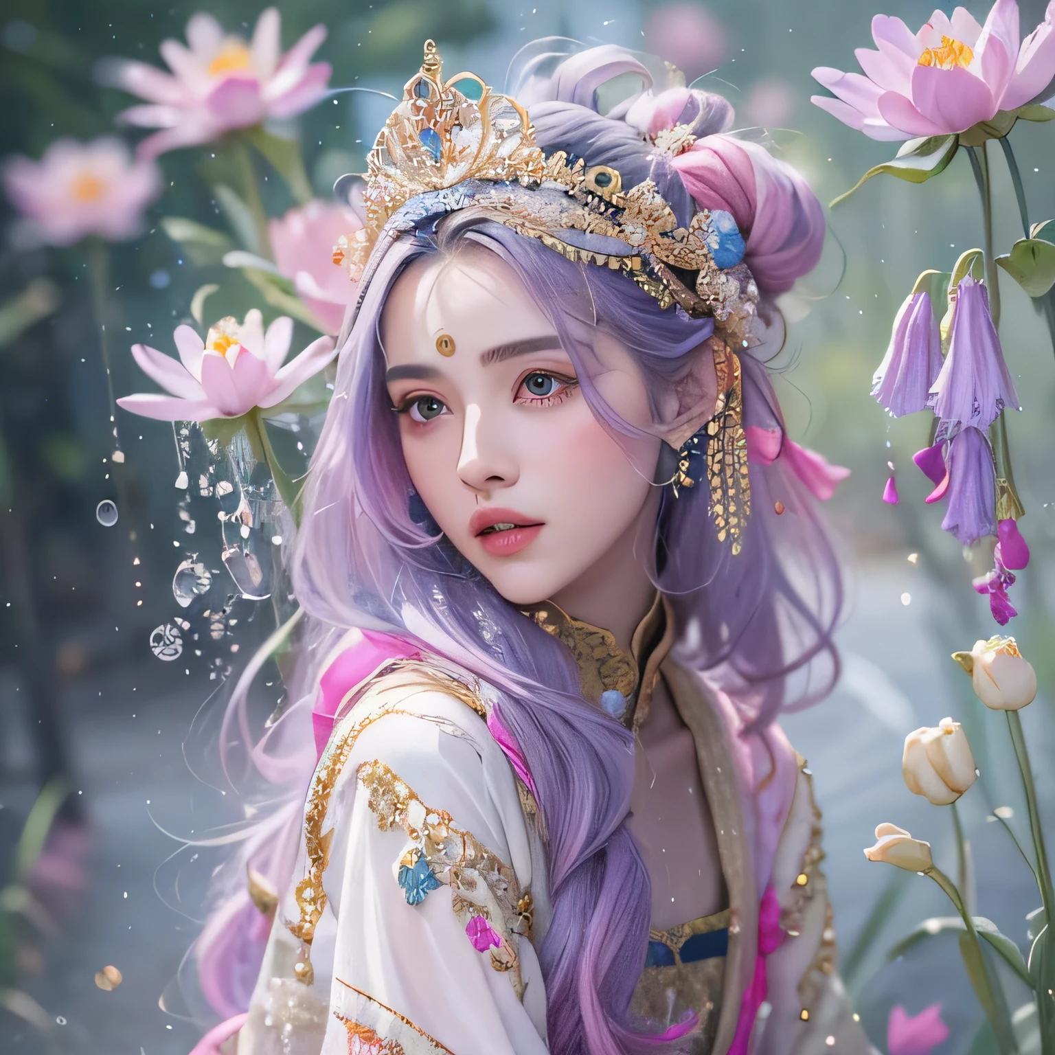 （（（Single eyelid）））Snow hoop exclusion area 32K（tmasterpiece，k hd，hyper HD，32K）Long flowing purple-pink hair，Autumn Pond，zydink， a color， Tongzhou people （Girl with glowing eyes）， （Thin silk scarf）， Side squat position， looking at the ground， long whitr hair， Floating hair， Python headdress， Chinese long-sleeved clothing， （abstract ink splash：1.2）， white backgrounid，Lotus protector（realisticlying：1.4），Purple-pink hair，Snowflakes fluttering，The background is pure， A high resolution， the detail， RAW photogr， Sharp Re， Nikon D850 Film Stock Photo by Jefferies Lee 4 Kodak Portra 400 Camera F1.6 shots, Rich colors, ultra-realistic vivid textures, Dramatic lighting, Unreal Engine Art Station Trend, cinestir 800，Long flowing purple-pink hair，((masterpiece)). This artwork is sweet, dreamy and ethereal, with soft pink watercolor hues and candy accents. Generate a delicate and demure fae exploring a (bubblegum world with a wide variety of pastel shades). Her sweet face is extremely detailed and realistic with elegant features and a fierce expression, and looks like ((((naomi scott)))). Include mature features and stunning, highly realistic eyes. Her eyes are important and should be realistic, highly detailed, and beautiful. In high definition and detail, include lots of details like stars, galaxies, colorful bubbles, colorful petals, and lots of energy and emotion! The stars and colorful bubblegum bubbles are important! Include fantasy details, enhanced details, iridescence, colorful glittering wind, and pollen. Pay special attention to her face and make sure it is beautifully and realistically detailed. The image should be dreamy and ethereal.8k, intricate, elegant, highly detailed, majestic, digital photography