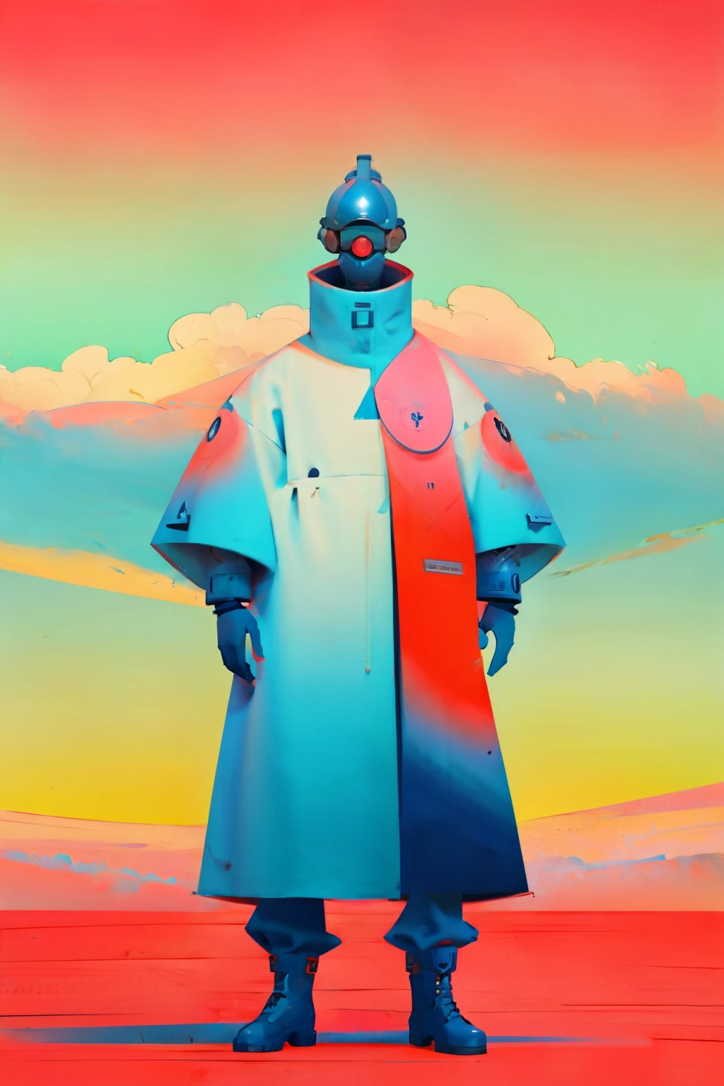 full body image,  (ultra detailed,ultra high res,detailed background),((2D)),((flat color)),((muted color)), 1solo, looking at viewer, white hazmat suit, (big red galoshes), plush collar, full body image, square helmet, ((smokey blue cityscape background)), ((apocalyptic city)), entire body in frame, 