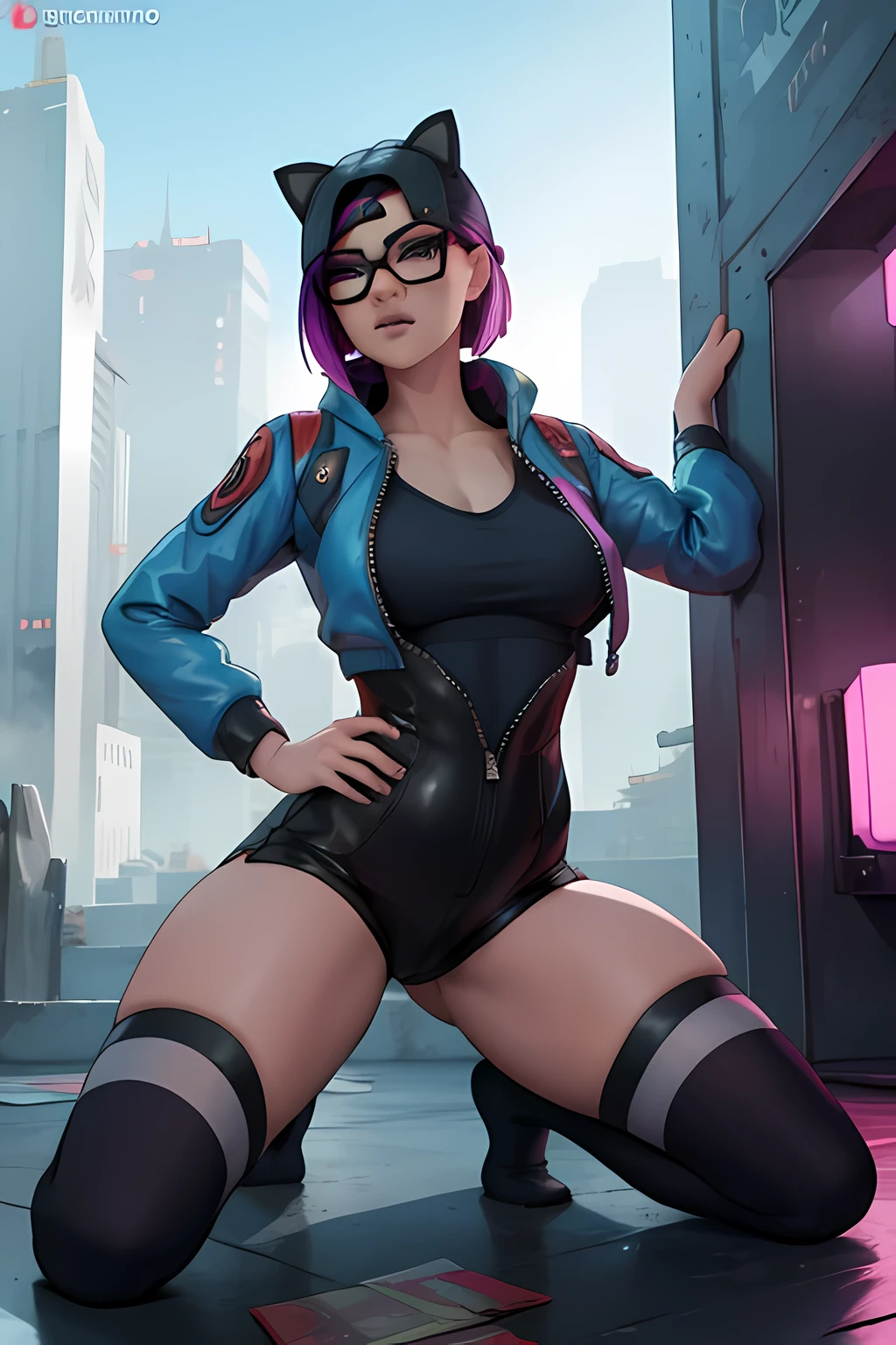 Traje de lino Cyberpunk, chaqueta blanca Co Azul, shorts negros con leggins Negro con Azul,Noche ,Extremadamente detallado, rostro detallado, gafas ,hermoso rostro, ojos finos, mirando al espectador, pose femenino.