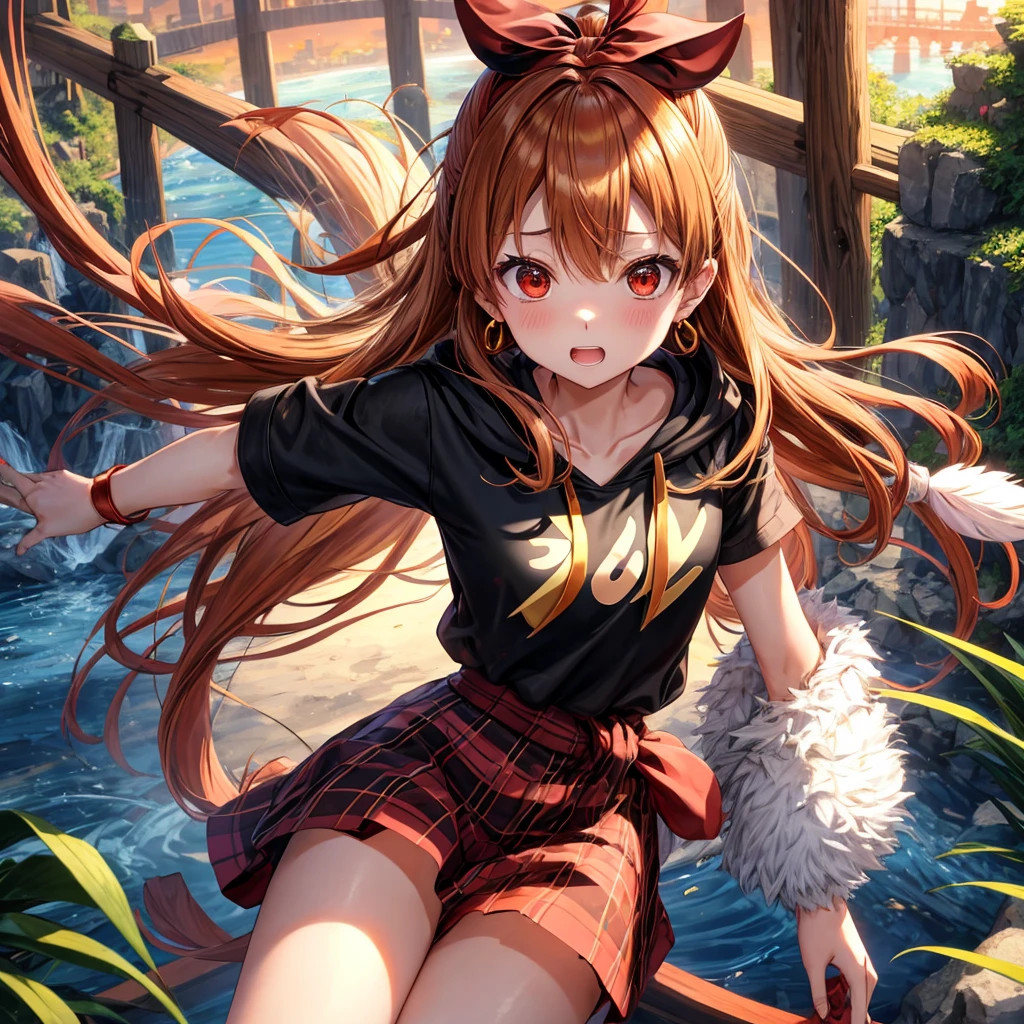 Brown, red, gold, golden hair、Red eyes、One good looking girl、solo、anime、Checkered mini skirt、Black camisole、Black T-shirt、hoodie、Wearing a ribbon、Ribbon on waist、Crystal Earrings、treasure石のネックレス、Light and shadow、Tilting face、Teeth are visible、waterfall、Kuroko、treasure、wearing goggles on head、Feather coat、tunnel、pylon、Sunset sky