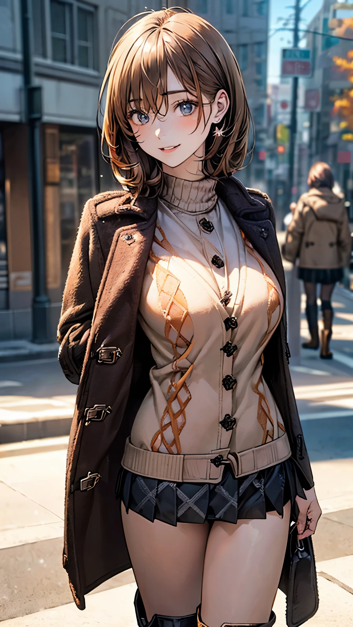 (masterpiece:1.2, top-quality), (realistic, photorealistic:1.4), beautiful illustration, (natural side lighting, movie lighting), nsfw,
looking at viewer, cowboy shot, 1 girl, japanese, 20 years old, perfect face, (perfect anatomy:1.4), cute and symmetrical face, shiny skin,
(short hair:1.2, lob hair:1.2, blonde hair), hair between eyes, blue eyes,long eye lasher, (large breasts), slender,
beautiful hair, beautiful face, beautiful detailed eyes, beautiful clavicle, beautiful body, beautiful chest, beautiful thigh, beautiful legs, beautiful hands,
(detailed cloth texture, open coat, dark brown duffel coat, argyle pattern orange sweater:1.46, black miniskirt with line :1.4, brown long boots:1.56), accentuate legs,
(beautiful scenery), winter, evening, (street trees, urban area, snowing), walking, (lovely smile, parted lips),