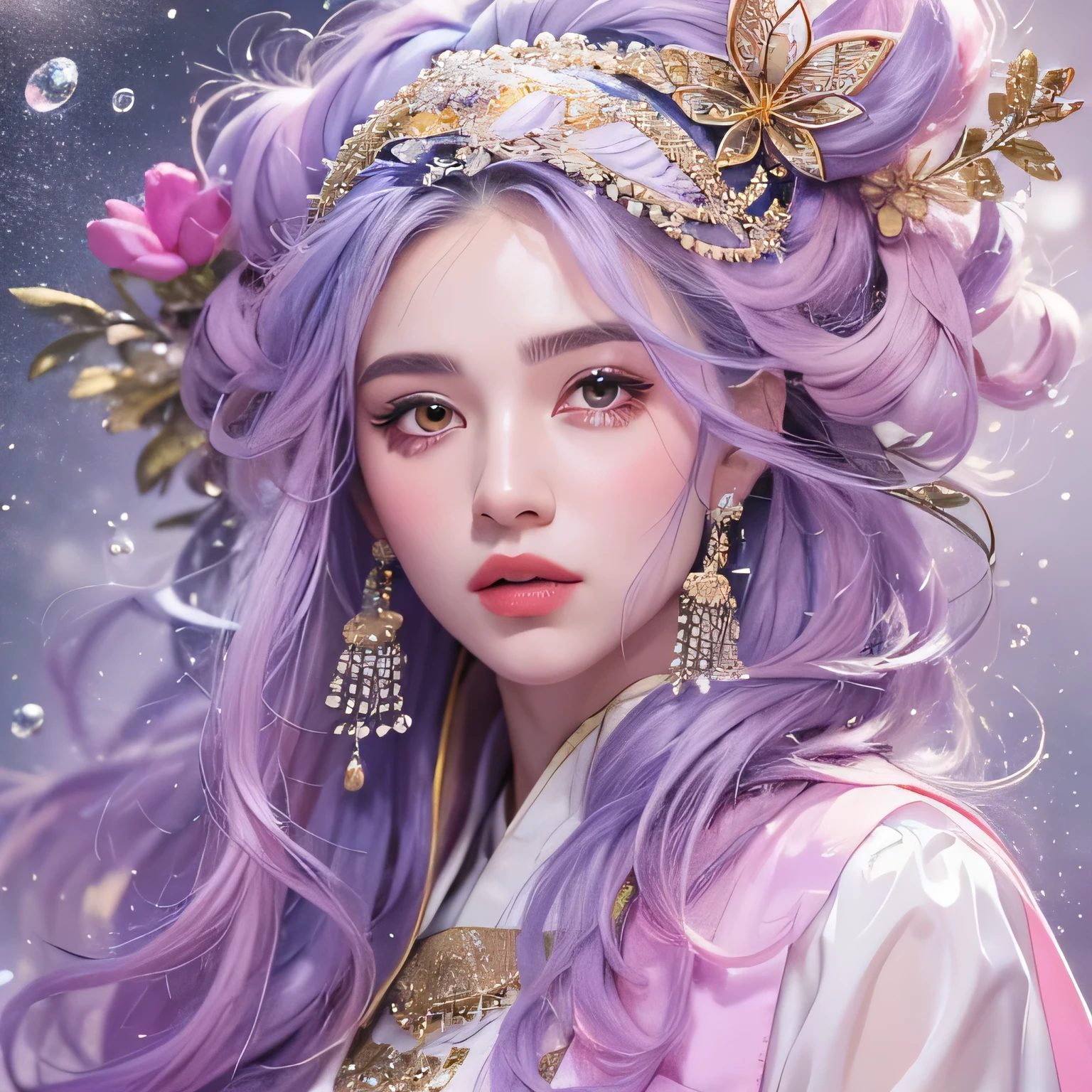 （（（Single eyelid）））Snow hoop exclusion area 32K（tmasterpiece，k hd，hyper HD，32K）Long flowing purple-pink hair，Autumn Pond，zydink， a color， Tongzhou people （Girl with glowing eyes）， （Thin silk scarf）， Side squat position， looking at the ground， long whitr hair， Floating hair， Python headdress， Chinese long-sleeved clothing， （abstract ink splash：1.2）， white backgrounid，Lotus protector（realisticlying：1.4），Purple-pink hair，Snowflakes fluttering，The background is pure， A high resolution， the detail， RAW photogr， Sharp Re， Nikon D850 Film Stock Photo by Jefferies Lee 4 Kodak Portra 400 Camera F1.6 shots, Rich colors, ultra-realistic vivid textures, Dramatic lighting, Unreal Engine Art Station Trend, cinestir 800，Long flowing purple-pink hair，((masterpiece)). This artwork is sweet, dreamy and ethereal, with soft pink watercolor hues and candy accents. Generate a delicate and demure fae exploring a (bubblegum world with a wide variety of pastel shades). Her sweet face is extremely detailed and realistic with elegant features and a fierce expression, and looks like ((((naomi scott)))). Include mature features and stunning, highly realistic eyes. Her eyes are important and should be realistic, highly detailed, and beautiful. In high definition and detail, include lots of details like stars, galaxies, colorful bubbles, colorful petals, and lots of energy and emotion! The stars and colorful bubblegum bubbles are important! Include fantasy details, enhanced details, iridescence, colorful glittering wind, and pollen. Pay special attention to her face and make sure it is beautifully and realistically detailed. The image should be dreamy and ethereal.8k, intricate, elegant, highly detailed, majestic, digital photography
