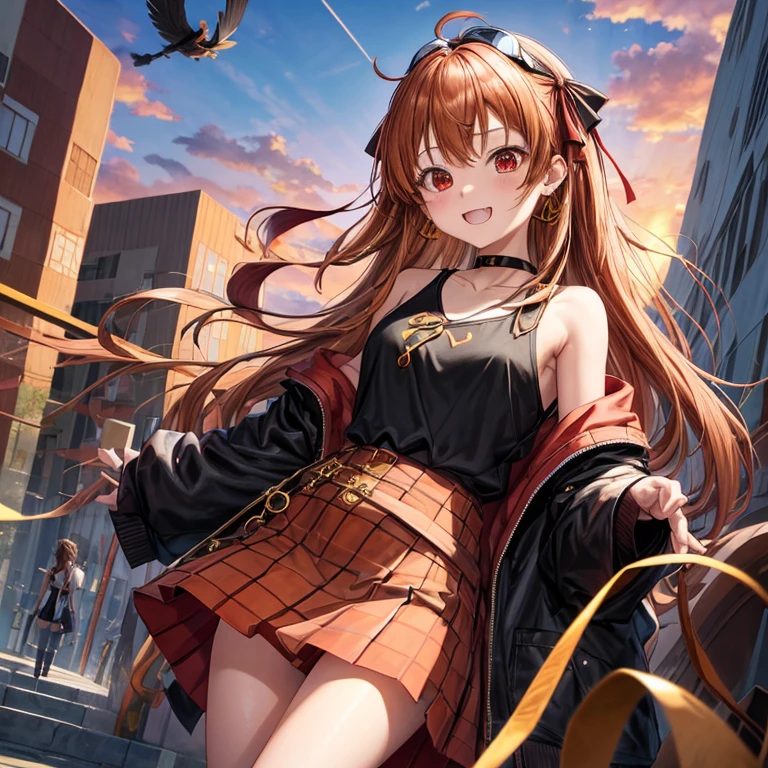 Brown, red, gold, golden hair、Red eyes、One good looking girl、solo、anime、Checkered mini skirt、Black camisole、Black T-shirt、hoodie、Wearing a ribbon、Ribbon on waist、Crystal Earrings、treasure石のネックレス、Light and shadow、Tilting face、Teeth are visible、waterfall、Kuroko、treasure、wearing goggles on head、Feather coat、tunnel、pylon、Sunset sky