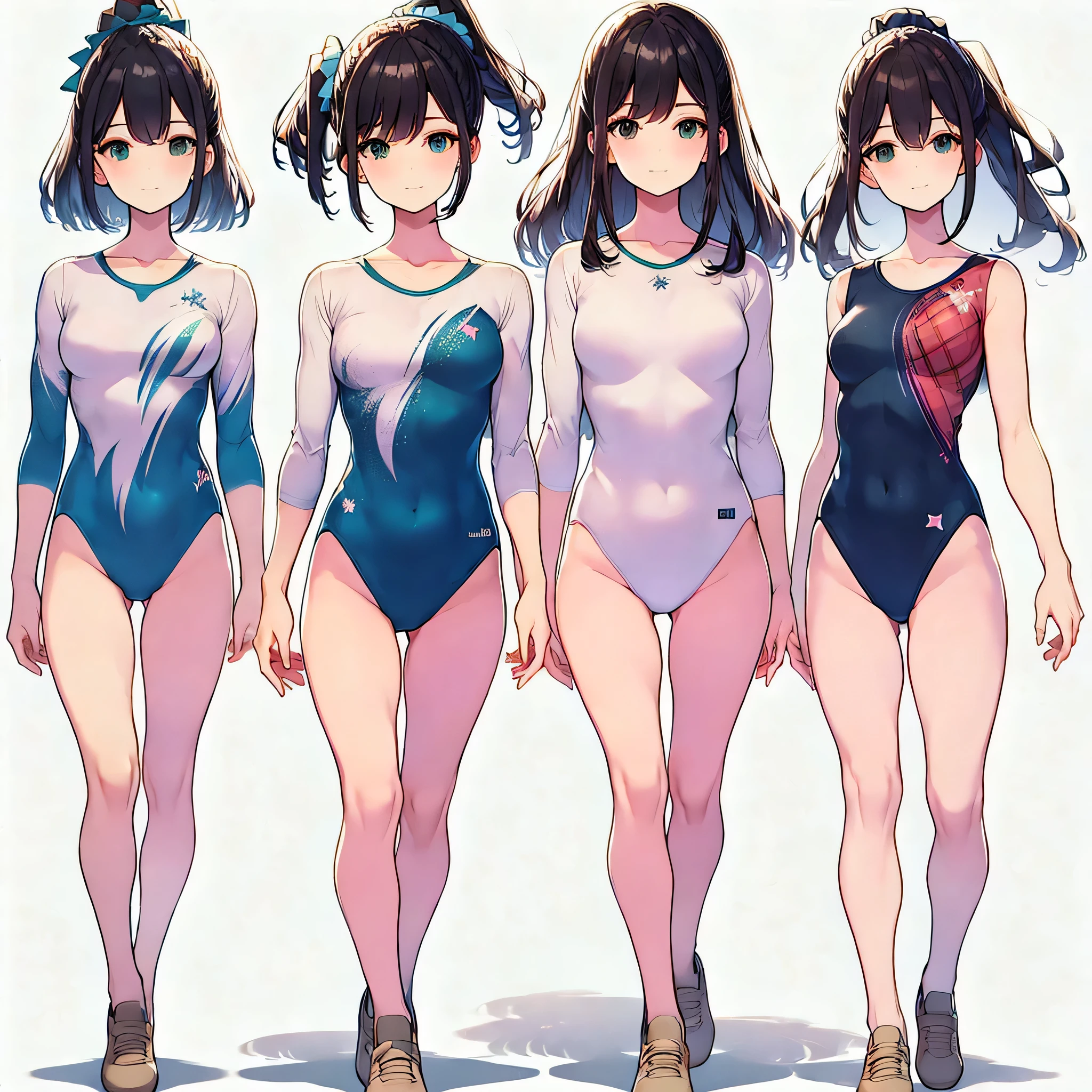 ((full body)),(masterpiece, best quality), (2 girls1.5) ,((Contrapposto:1.5)), looking at viewer, walking,((v_arms:1.2)), (wearing gymnastics_longsleeves_leotard_outfit leotard:1.3),(simple leotard:1.3),(green leotard:1.3) ,((plaid print:1.3)), BREAK masterpiece black hair, ((long hair:1.2)), ((parted bangs:1.3)), black eyes, good hand, ((small breasts)), (over 20 years old, under 25 years old:1.2), , spotlight, happy, smile, BREAK white background