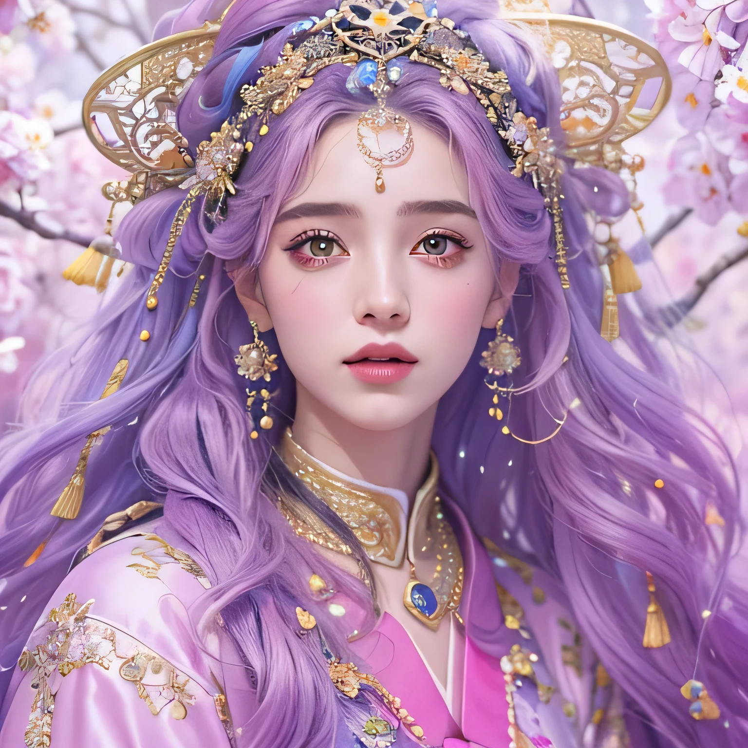 （（（Single eyelid）））Snow hoop exclusion area 32K（tmasterpiece，k hd，hyper HD，32K）Long flowing purple-pink hair，Autumn Pond，zydink， a color， Tongzhou people （Girl with glowing eyes）， （Thin silk scarf）， Side squat position， looking at the ground， long whitr hair， Floating hair， Python headdress， Chinese long-sleeved clothing， （abstract ink splash：1.2）， white backgrounid，Lotus protector（realisticlying：1.4），Purple-pink hair，Snowflakes fluttering，The background is pure， A high resolution， the detail， RAW photogr， Sharp Re， Nikon D850 Film Stock Photo by Jefferies Lee 4 Kodak Portra 400 Camera F1.6 shots, Rich colors, ultra-realistic vivid textures, Dramatic lighting, Unreal Engine Art Station Trend, cinestir 800，Long flowing purple-pink hair，((masterpiece)). This artwork is sweet, dreamy and ethereal, with soft pink watercolor hues and candy accents. Generate a delicate and demure fae exploring a (bubblegum world with a wide variety of pastel shades). Her sweet face is extremely detailed and realistic with elegant features and a fierce expression, and looks like ((((naomi scott)))). Include mature features and stunning, highly realistic eyes. Her eyes are important and should be realistic, highly detailed, and beautiful. In high definition and detail, include lots of details like stars, galaxies, colorful bubbles, colorful petals, and lots of energy and emotion! The stars and colorful bubblegum bubbles are important! Include fantasy details, enhanced details, iridescence, colorful glittering wind, and pollen. Pay special attention to her face and make sure it is beautifully and realistically detailed. The image should be dreamy and ethereal.8k, intricate, elegant, highly detailed, majestic, digital photography