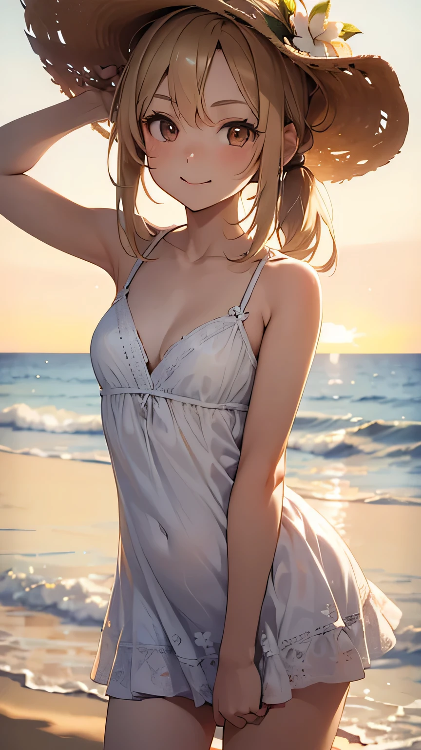 (Best quality, dynamic lighting, highly detailed, HDR) blonde haired young woman, twintailed, cute, pretty, beautiful, brown eyes, skinny, , short, small breasts, white floral summer dress, summer hat, bare shoulder, cleavage, leanjng forward, downblouse, sleeveless, smiling, beach background.