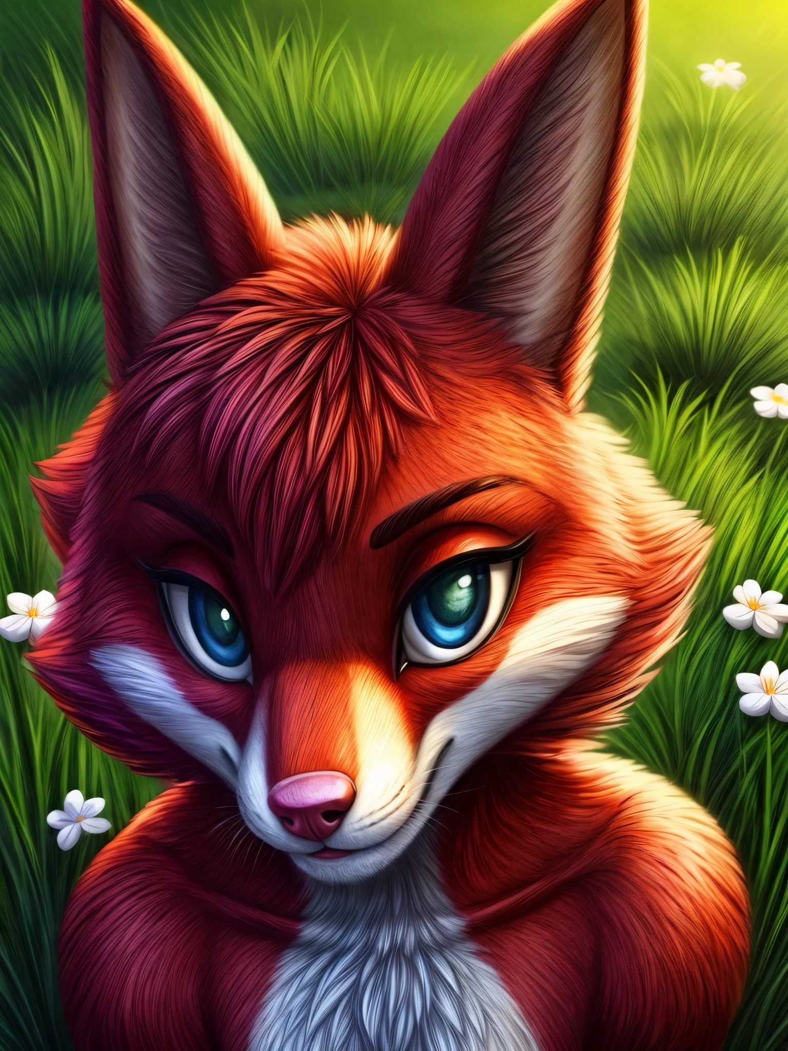 Foxy Roxy, furry style,illustration,beautiful detailed eyes,beautiful detailed lips,extremely detailed face,long eyelashes,shiny fur,furry tail,cute pink nose,playful expression,standing on green grass,with blooming flowers,bright sunlight,high contrast colors,portrait,sharp focus,vivid colors,soft lighting.