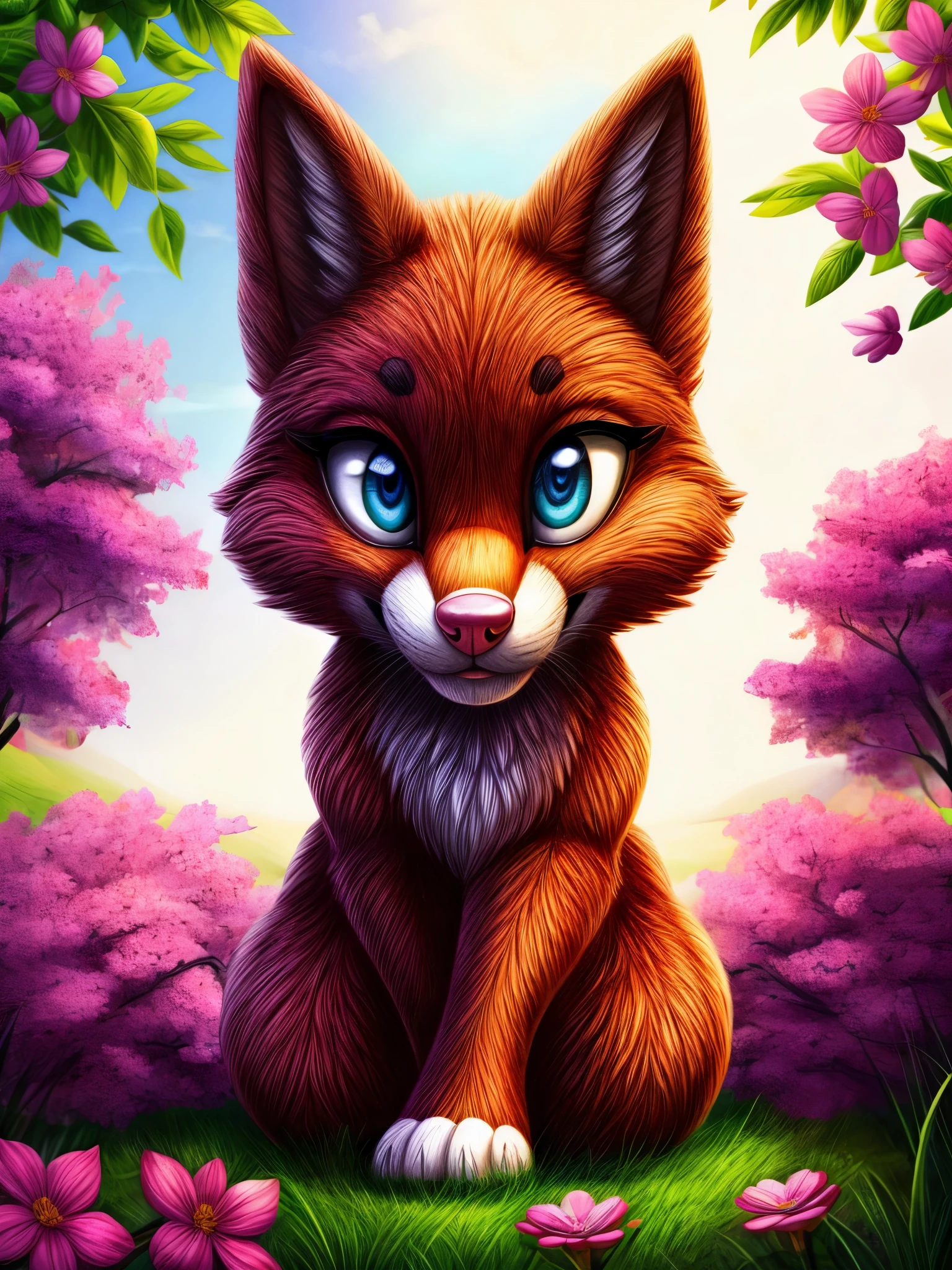 Foxy Roxy, furry style,illustration,beautiful detailed eyes,beautiful detailed lips,extremely detailed face,long eyelashes,shiny fur,furry tail,cute pink nose,playful expression,standing on green grass,with blooming flowers,bright sunlight,high contrast colors,portrait,sharp focus,vivid colors,soft lighting.