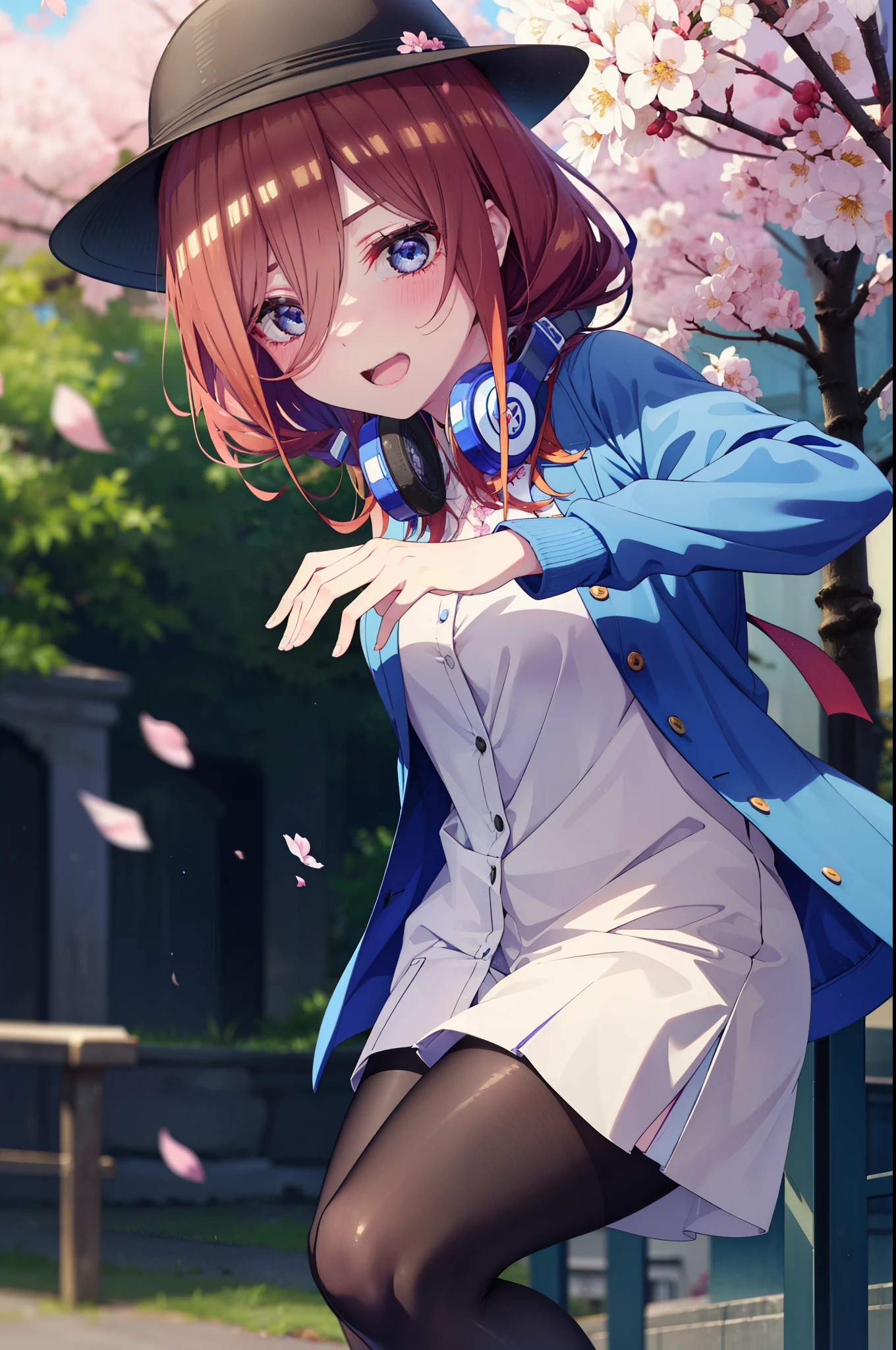 Miku Nakano, Miku Nakano, Long Hair, bangs, blue eyes, brown hair, shirt, Hair between the eyes, smile,blush,Open your mouth,Headphones around neck,オーバサイズチェック柄shirt,Shorts,Black pantyhose,Hunting Hat,short boots,Cherry blossoms are blooming,Cherry blossoms are scattered,桜並木道
break outdoors, garden,
break looking at viewer,  (Cowboy Shot:1. 5)
break (masterpiece:1.2), highest quality, High resolution, unity 8k wallpaper, (figure:0.8), (Beautiful fine details:1.6), Highly detailed face, Perfect lighting, Highly detailed CG, (Perfect hands, Perfect Anatomy),