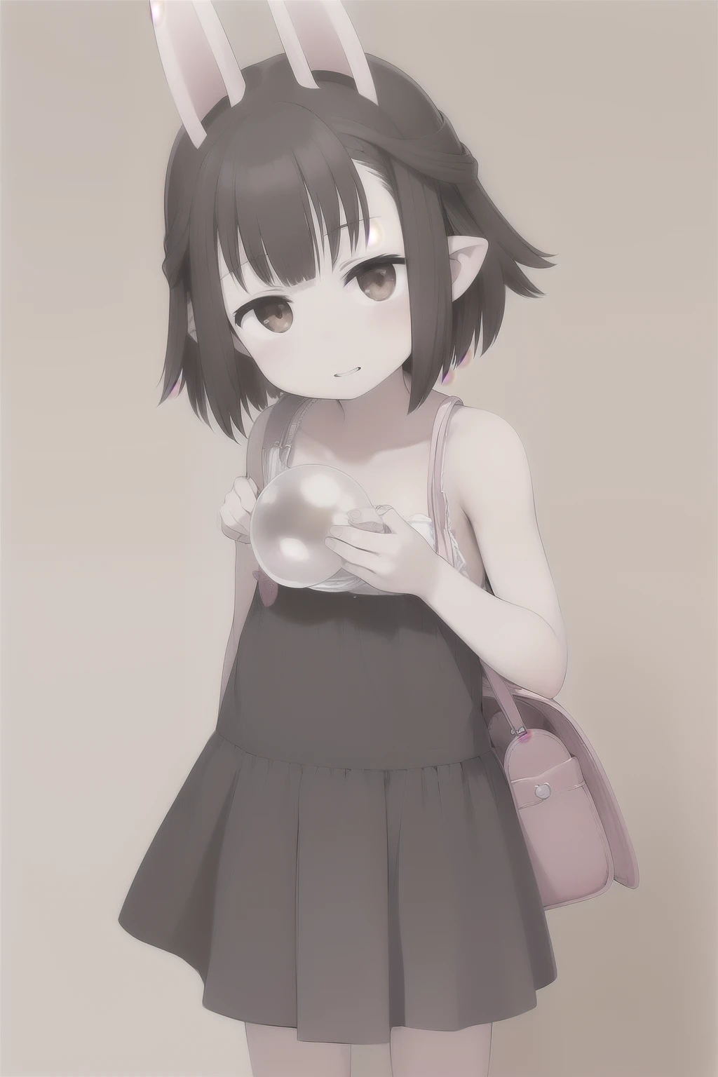 Hasaha, One girl, alone,, Animal ears, Shoulder Bare,Breast flash、Shoulder Bareオーバーサイズキャミソール、Mischief、 Black Hair, Bunny ears, short hair, Brown eyes, Pointed Ears, mini skirt,On the bed, Crystal Ball, Holding, whole body, Embarrassed smile,、Thin chest、clothes get messed up、(No band)、school bag