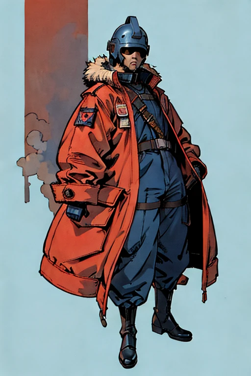 full body image, (ultra detailed,ultra high res,detailed background),((2D)),((flat color)),((muted color)), 1solo, looking at viewer, baggy flight suit, large fur collared bomber jacket, (big red galoshes), plush collar, full body image, square helmet, ((smokey blue background)), ((apocalyptic city)), entire body in frame,