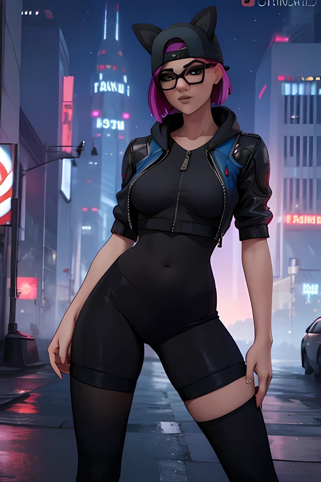 Traje de lino Cyberpunk, gorra, shorts negro con leggins Azul Marino, chaqueta blanca azul marino ,Extremadamente detallado, rostro detallado, gafas ,hermoso rostro, ojos finos, mirando al espectador, pose femenino, Noche