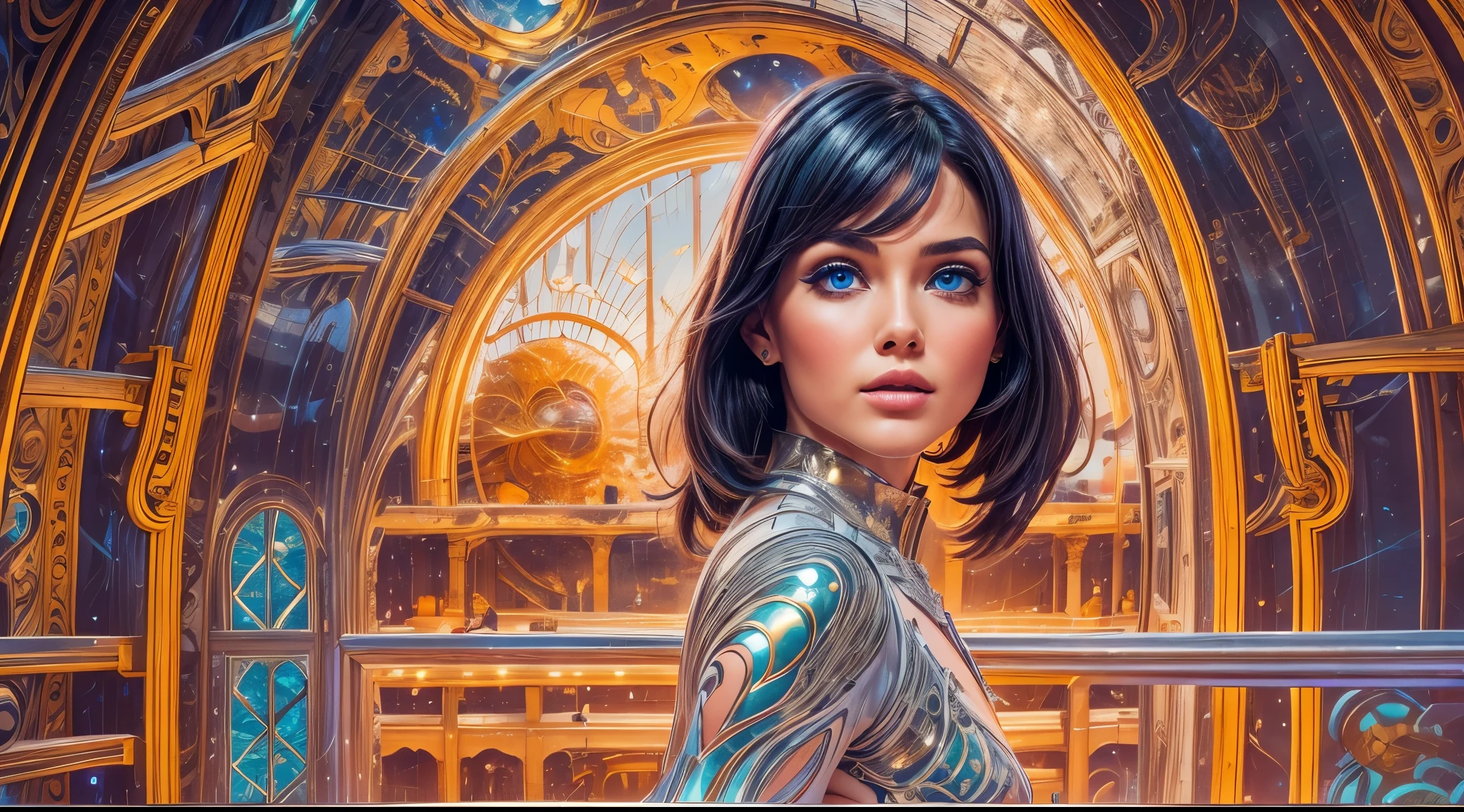 arafed image of a white woman in a futuristic suit with a spaceship in the background, movie art, in front of an orange background, inspired by Robert McGinnis, female protagonist, megastructure in the background, portrait of an ai astronaut, astronauts, an astronaut, portrait of a astronaut skeletor, perfect android girl, detailed eyes, perfectly detailed teeth, the heart of a ship, a spacious chamber where sleek consoles hum with silent purpose. Walls rise in graceful arcs, forged from alloys unknown to Earthly forges, Their surface shimmers with an iridescence akin to abalone shell—shades of midnight blue tinged with soft violets, The ceiling arches high like a cathedral's dome, transparent quartz allowing stargazers unobstructed views into the cosmos, abyss; stars winking back as if recognizing their observer, frank franzzeta and sakimichan,