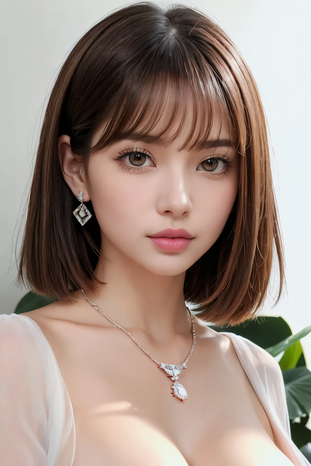 Very detailed、masterpiece、highest quality、Ultra-high resolution energy A、8K High Resolution、Transparency that looks great in photos、Detailed eyes、Gradation、Perfect anatomical figure , Nikon Z9 80mm Lens, Beautiful posture、yes、Browsing Caution、Thin eyebrows、Detailed eyes、Detailed nose、Mouth Details、Fine ears、Golden ratio face、(Waiting for a kiss)、(Curvaceous)、(Ideal ratio)、High definition eyes and feet、Long neck、eyelash、(((Natural soft light、Eye highlights)))、(Realistic:1.4), Shadow、(Best image quality:1.0), (超A high resolution:1.0), 8k, RAW Photos, (masterpiece:0.2), Curvaceous、(seductive pose:1.5)、When the light hits your face, that'that'that'that'It's getting brighter、Geometric background:1.3、dark、cute girl hair、avert your eyes、BREAK (A loose, sheer white camisole:1.4)、highest quality、Very detailed、High quality details、(Big Breasts:1.8)、break (plump lower lip:1.4)、break (Pink Lips:1.5)、(Short Hair、luxury diamond necklace:1.8)