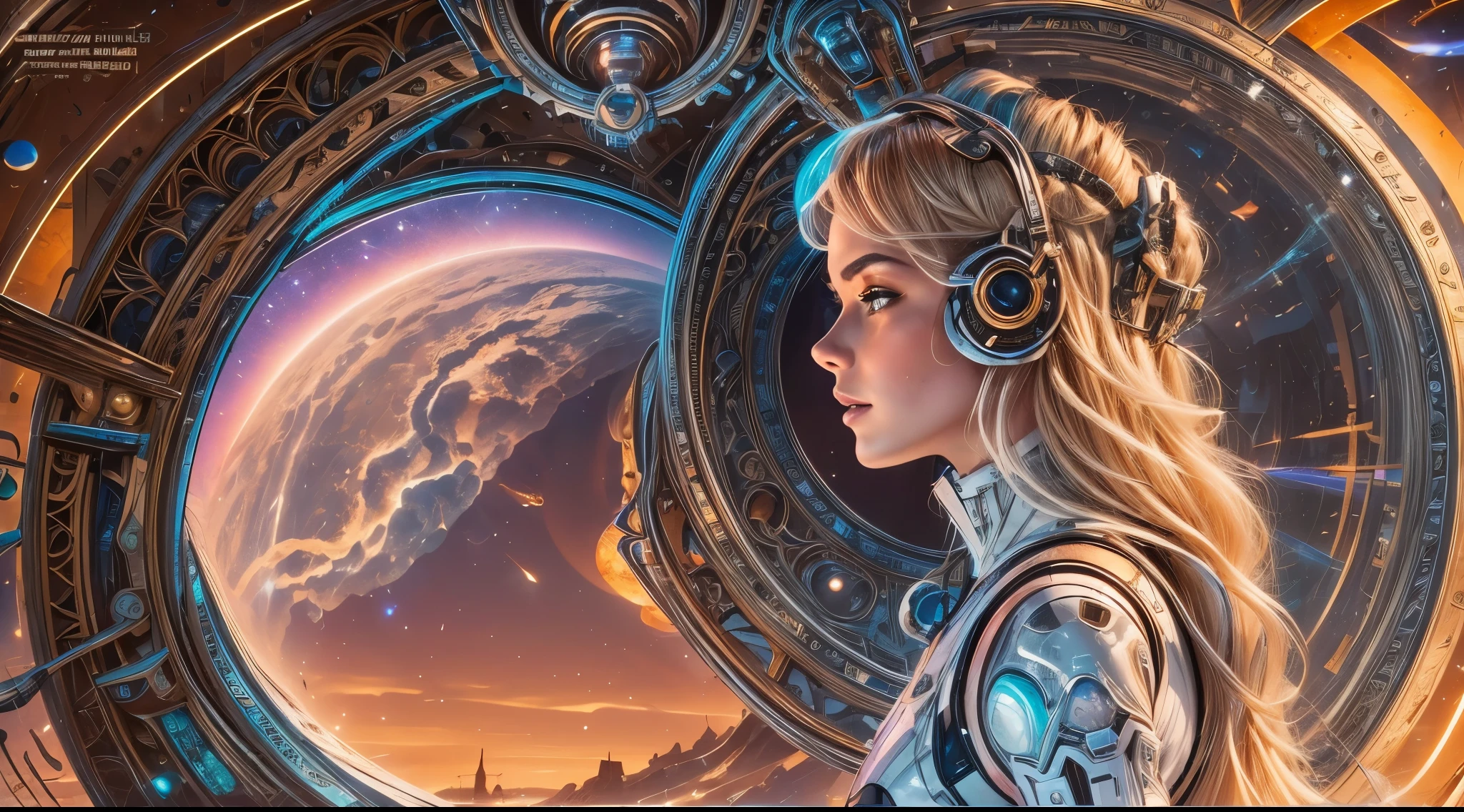 arafed image of a white woman in a futuristic suit with a spaceship in the background, movie art, in front of an orange background, inspired by Robert McGinnis, female protagonist, megastructure in the background, portrait of an ai astronaut, astronauts, an astronaut, portrait of a astronaut skeletor, perfect android girl, detailed eyes, perfectly detailed teeth, the heart of a ship, a spacious chamber where sleek consoles hum with silent purpose. Walls rise in graceful arcs, forged from alloys unknown to Earthly forges, Their surface shimmers with an iridescence akin to abalone shell—shades of midnight blue tinged with soft violets, The ceiling arches high like a cathedral's dome, transparent quartz allowing stargazers unobstructed views into the cosmos, abyss; stars winking back as if recognizing their observer, frank franzzeta and sakimichan,