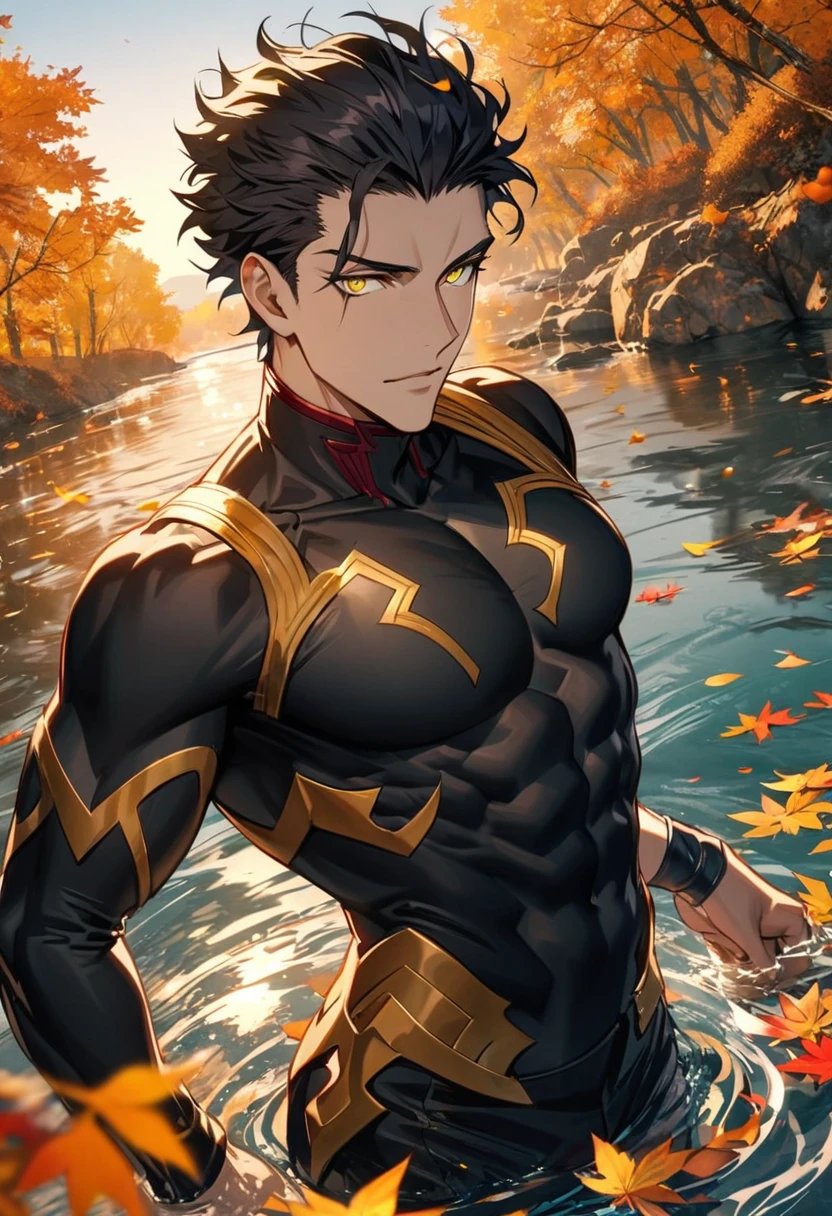 Ultra detailed, Highres, absurdres, Diarmuid Ua Duibhne, black hair, golden eyes, black tight shirt, Fate Grand Order, autumn, orange and yellow leaves, petals, extremely handsome, sexy man, toned chest, solo, very detailed eyes and face, black pants, water,