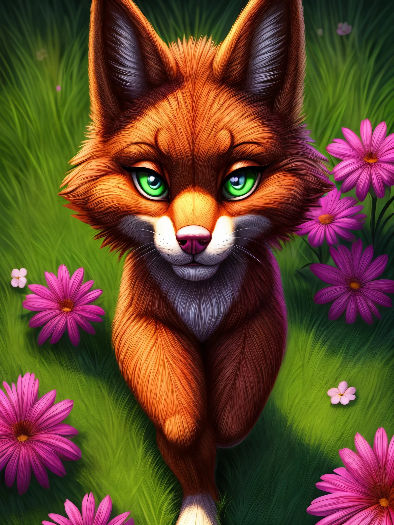 Foxy Roxy, furry style,illustration,beautiful detailed eyes,beautiful detailed lips,extremely detailed face,long eyelashes,shiny fur,furry tail,cute pink nose,playful expression,standing on green grass,with blooming flowers,bright sunlight,high contrast colors,portrait,sharp focus,vivid colors,soft lighting.