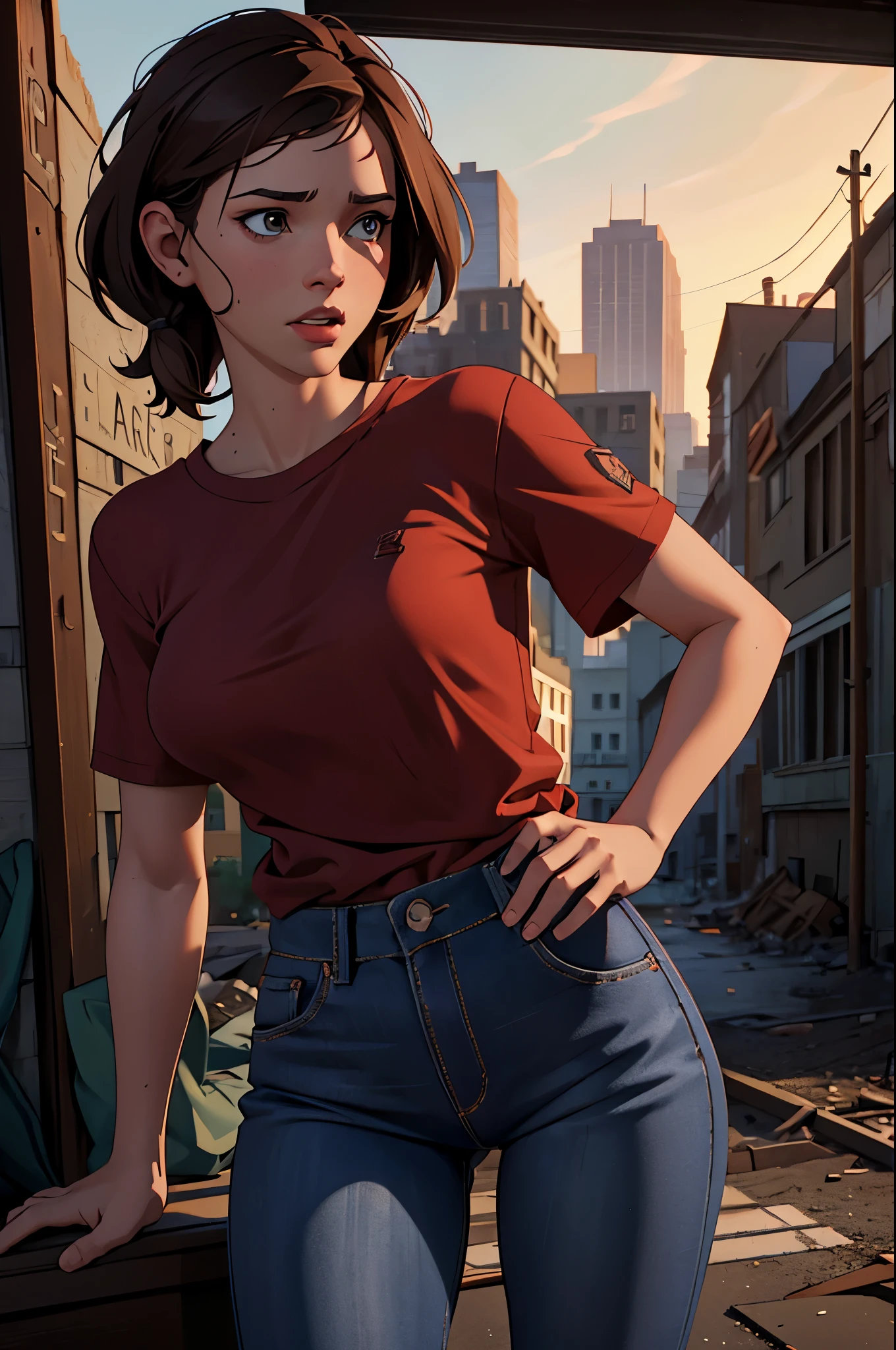 NSFW, Masterpiece 1.4 Top Image 4K Ellie The Last Of Us Brown Hair Red Shirt Dark Blue Pants Rendering In An Apocalyptic City Showing Panties Ultra Realistic 4K Wallpaper, EnvyBetterHands LoCon.