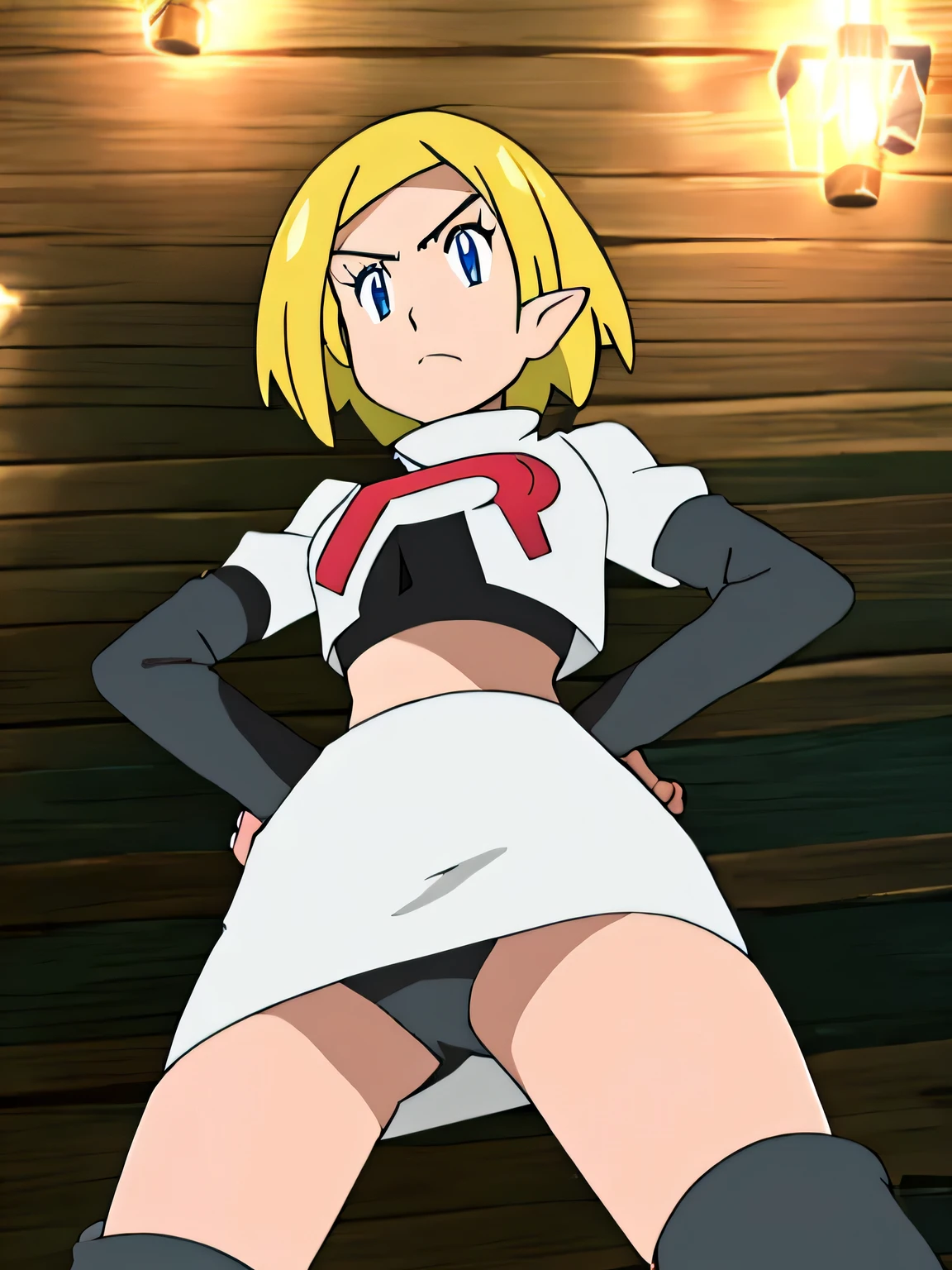 masterpiece,best quality,high res,high quality,8k, masterpiece,highres, team rocket uniform, red letter r, white skirt,white crop top,black thigh-high boots, black elbow gloves, glaring angrily, looking down at viewer, hands on hips, cowboy shot, zettai ryouiki,spread legs,from below, black panties,anime style, vivid colors, sharp focus, intense lighting,zelda, crown braid,short hair