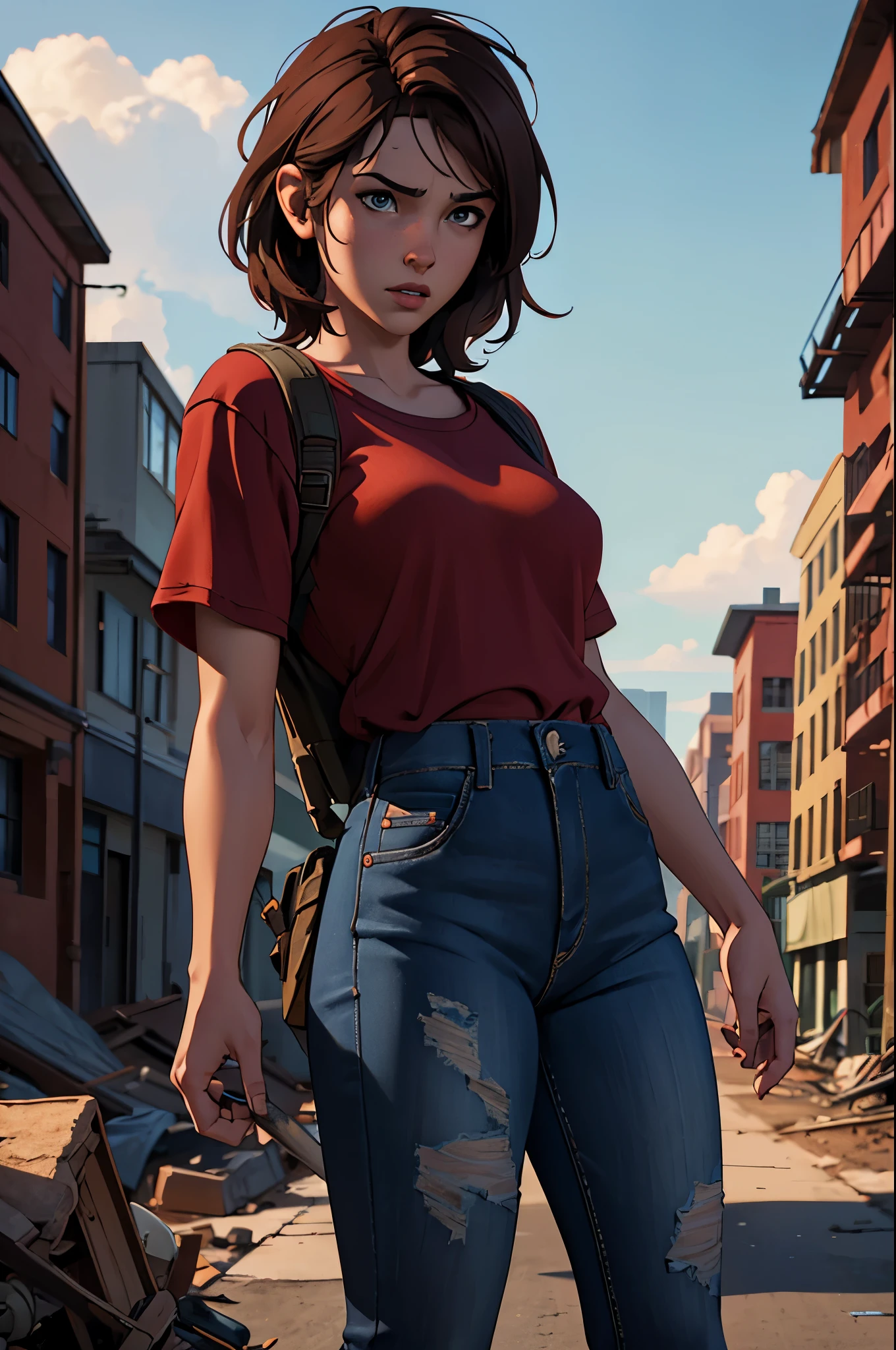 NSFW, Masterpiece 1.4 Top Image 4K Ellie The Last Of Us Brown Hair Red Shirt Dark Blue Pants Rendering In An Apocalyptic City Showing Panties Ultra Realistic 4K Wallpaper, EnvyBetterHands LoCon.