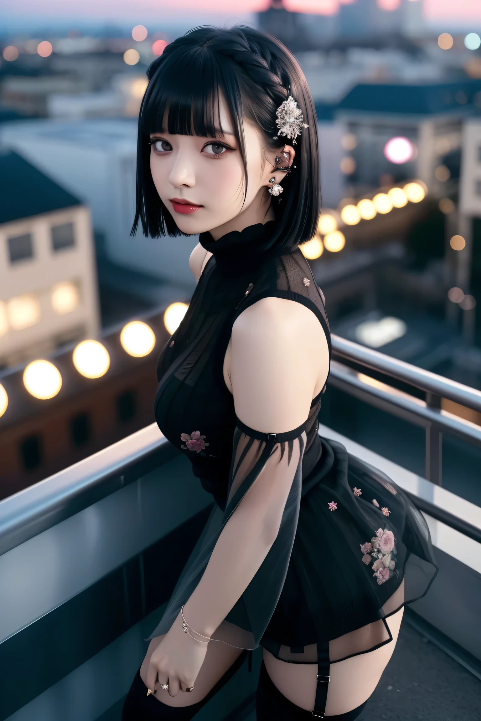 ((Rooftop of a building: 1,3)), ((Goth_punk, alone, Medium Shot, Walking the rooftops of Harajuku, ((night)), Blur, Neon Light, Rainbow Eyes, Starry Sky, Shiny black hair, White eyebrows, Shiny Hair, (Rainbow black hair), Earring, good, jewelry, Blunt bangs, Busy eyes, Background Blur, Blur, hair ornaments, sight, short hair, Portraiture, Side Lock break ((Swedish girl, White skin, White)),((Women's work suits:1.3)), break (Gal: 1. 1),(Glamour: 1. 3),(night),(Supermodel: 1.3)),break ((earring, ring)), Cowboy Shot,((Tall people)),((Android)),((Look Up)),((Top Angle:1. 3)), From above, looking at the camera,((Event Companion)),((Thin see -through)) Tight-fitting underwear with straps)),((black knee socks)),((big thighs)),(big butt),((Floral dress)),((Sheer Spring Sweater)),((Sheer Spring Sleeveless)),
