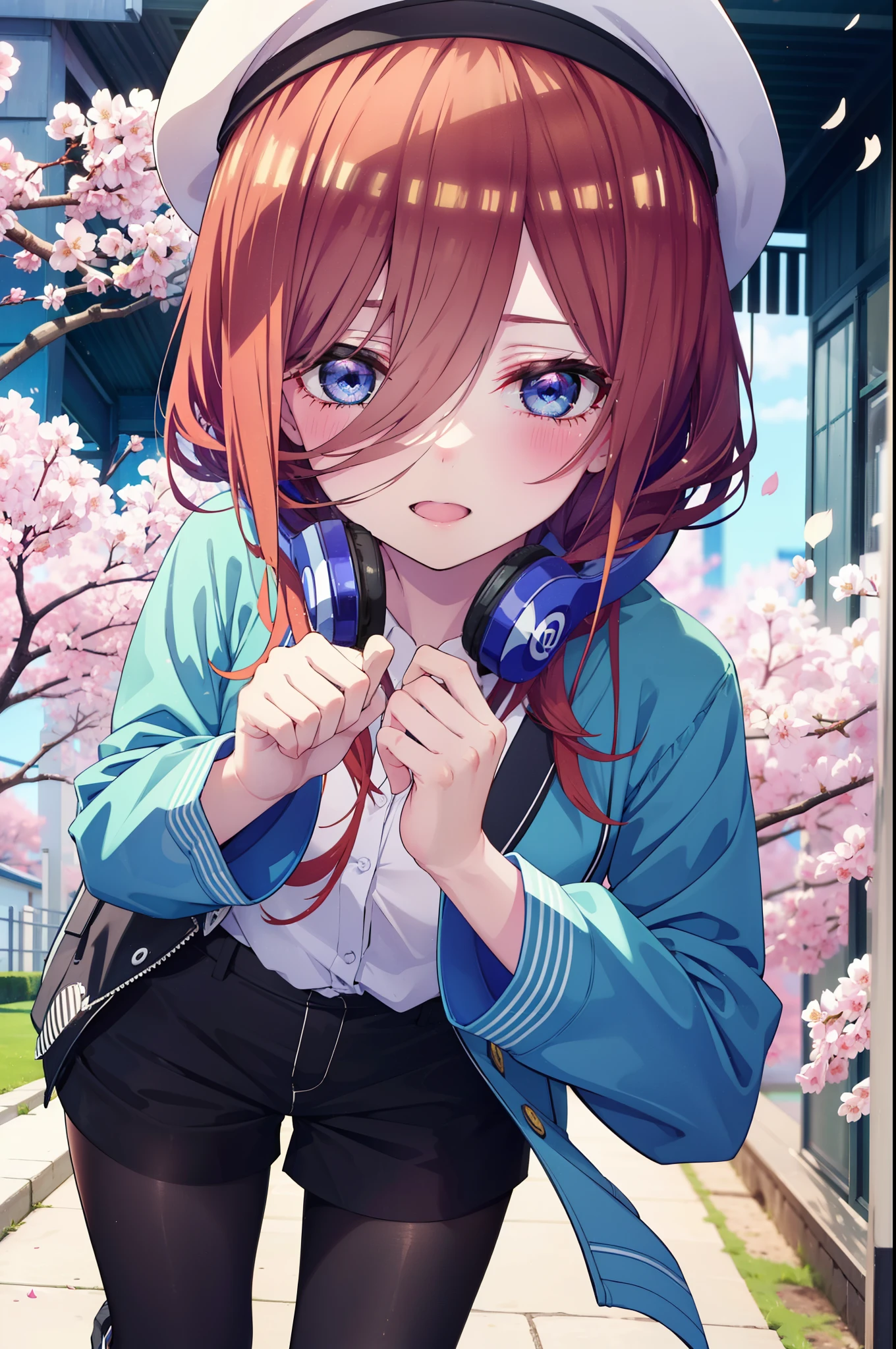 Miku Nakano, Miku Nakano, Long Hair, bangs, blue eyes, brown hair, shirt, Hair between the eyes, smile,blush,Open your mouth,Headphones around neck,オーバサイズチェック柄shirt,Shorts,Black pantyhose,Baseball hats,short boots,Cherry blossoms are blooming,Cherry blossoms are scattered,桜並木道
break outdoors, garden,
break looking at viewer, (Cowboy Shot:1. 5)
break (masterpiece:1.2), highest quality, High resolution, unity 8k wallpaper, (figure:0.8), (Beautiful fine details:1.6), Highly detailed face, Perfect lighting, Highly detailed CG, (Perfect hands, Perfect Anatomy),