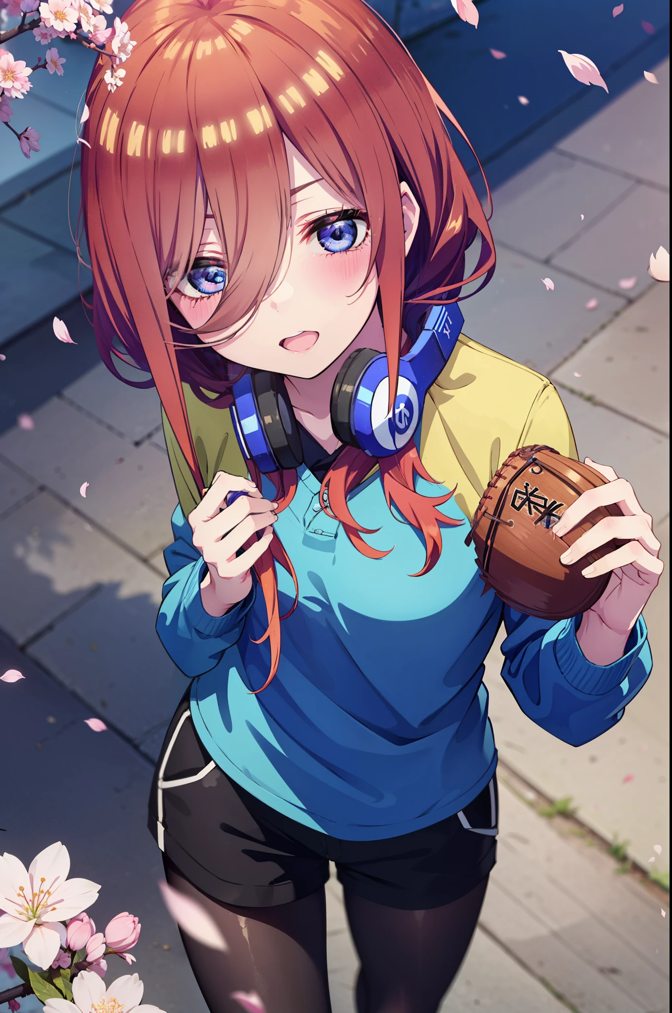 Miku Nakano, Miku Nakano, Long Hair, bangs, blue eyes, brown hair, shirt, Hair between the eyes, smile,blush,Open your mouth,Headphones around neck,オーバサイズチェック柄shirt,Shorts,Black pantyhose,Baseball hats,short boots,Cherry blossoms are blooming,Cherry blossoms are scattered,桜並木道
break outdoors, garden,
break looking at viewer,  (Cowboy Shot:1. 5)
break (masterpiece:1.2), highest quality, High resolution, unity 8k wallpaper, (figure:0.8), (Beautiful fine details:1.6), Highly detailed face, Perfect lighting, Highly detailed CG, (Perfect hands, Perfect Anatomy),