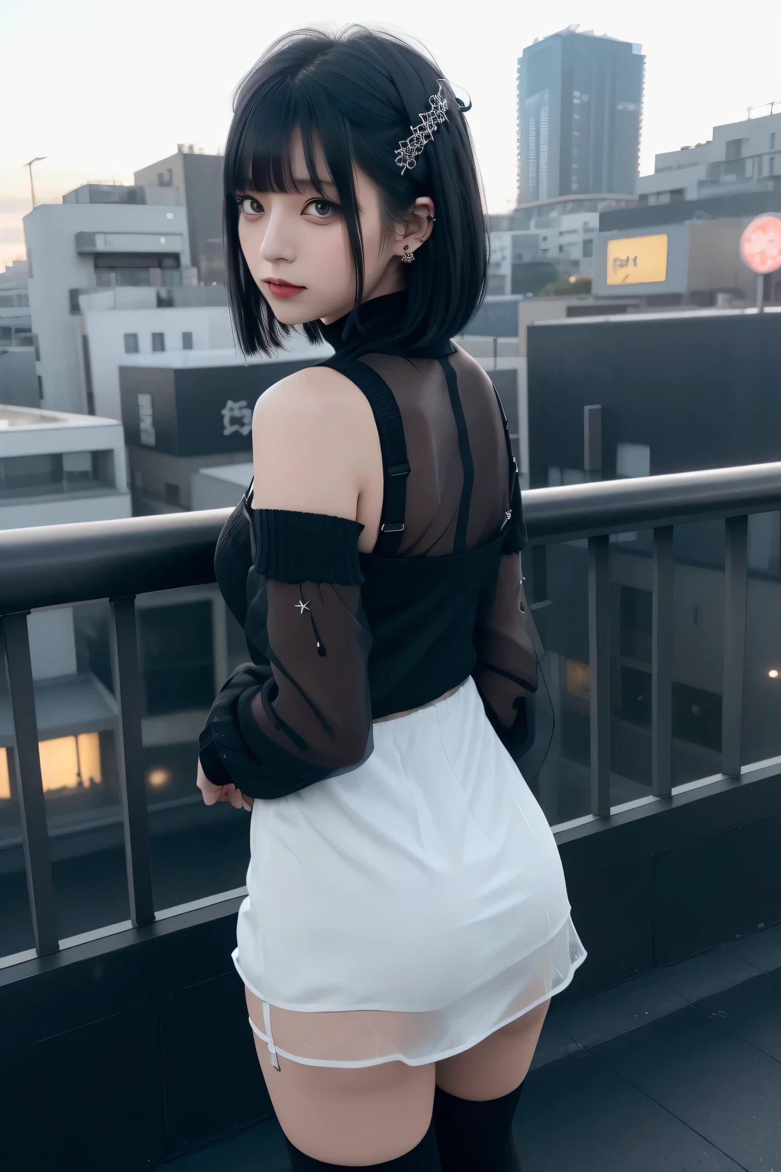 ((Rooftop of a building: 1,3)), ((Goth_punk, alone, Medium Shot, Walking the rooftops of Harajuku, ((night)), Blur, Neon Light, Rainbow Eyes, Starry Sky, Shiny black hair, White eyebrows, Shiny Hair, (Rainbow black hair), Earring, good, jewelry, Blunt bangs, Busy eyes, Background Blur, Blur, hair ornaments, sight, short hair, Portraiture, Side Lock break ((Swedish girl, White skin, White)),((Women's work suits:1.3)), break (Gal: 1. 1),(Glamour: 1. 3),(night),(Supermodel: 1.3)),break ((earring, ring)), Cowboy Shot,((Tall people)),((Android)),((Look Up)),((Top Angle:1. 3)), From above, looking at the camera,((Event Companion)),((Thin see -through)) Tight-fitting underwear with straps)),((black knee socks)),((big thighs)),(big butt),((Floral dress)),((Sheer Spring Sweater)),((Sheer Spring Sleeveless)),