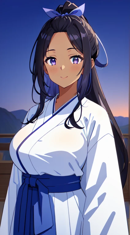 masterpiece, best quality, anime Illustration, 4k, 1 girl, solo, standing, long hair, black hair, violet eyes, high ponytail, blue hair ribbon, blue ribbon, blue hakama and white kimono, big breasts, huge breasts, looking_at_viewer, motherly smile, upper_body, dark skin, ((Village background:1.0)), ((dark skin: 1.5)), , ((parted bangs: 1.4)),  parted bangs, large forehead, purple eyes, blue hakama