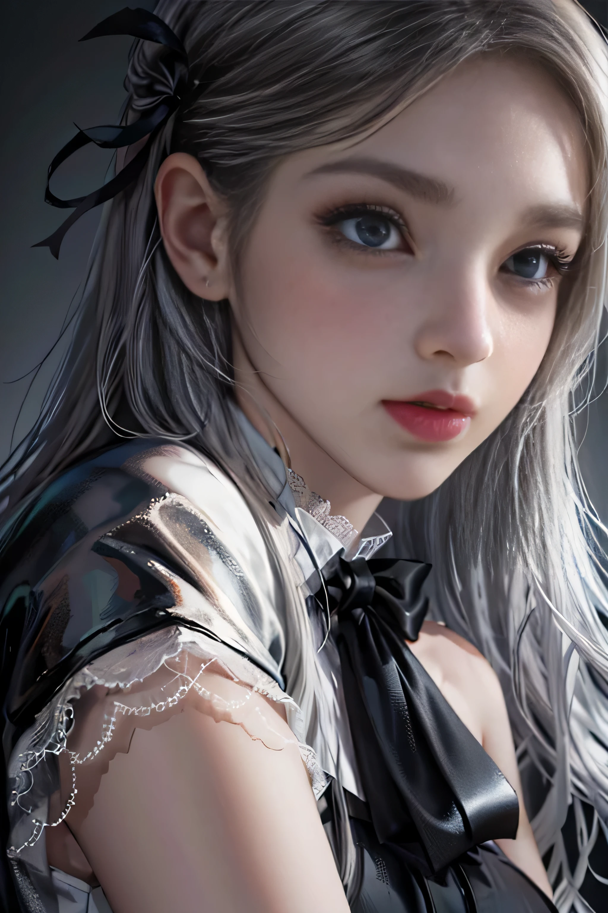 Girl portrait photography, Realistic, High resolution, 1 female, alone, Upper Body, Beautiful Eyes, Close your lips, Detailed face, Gray Hair, Long Hair, Collared shirt, Black tie,Black Skirt, Pencil Skirt, Fur coat, stockings,(Black lace panties are visible)