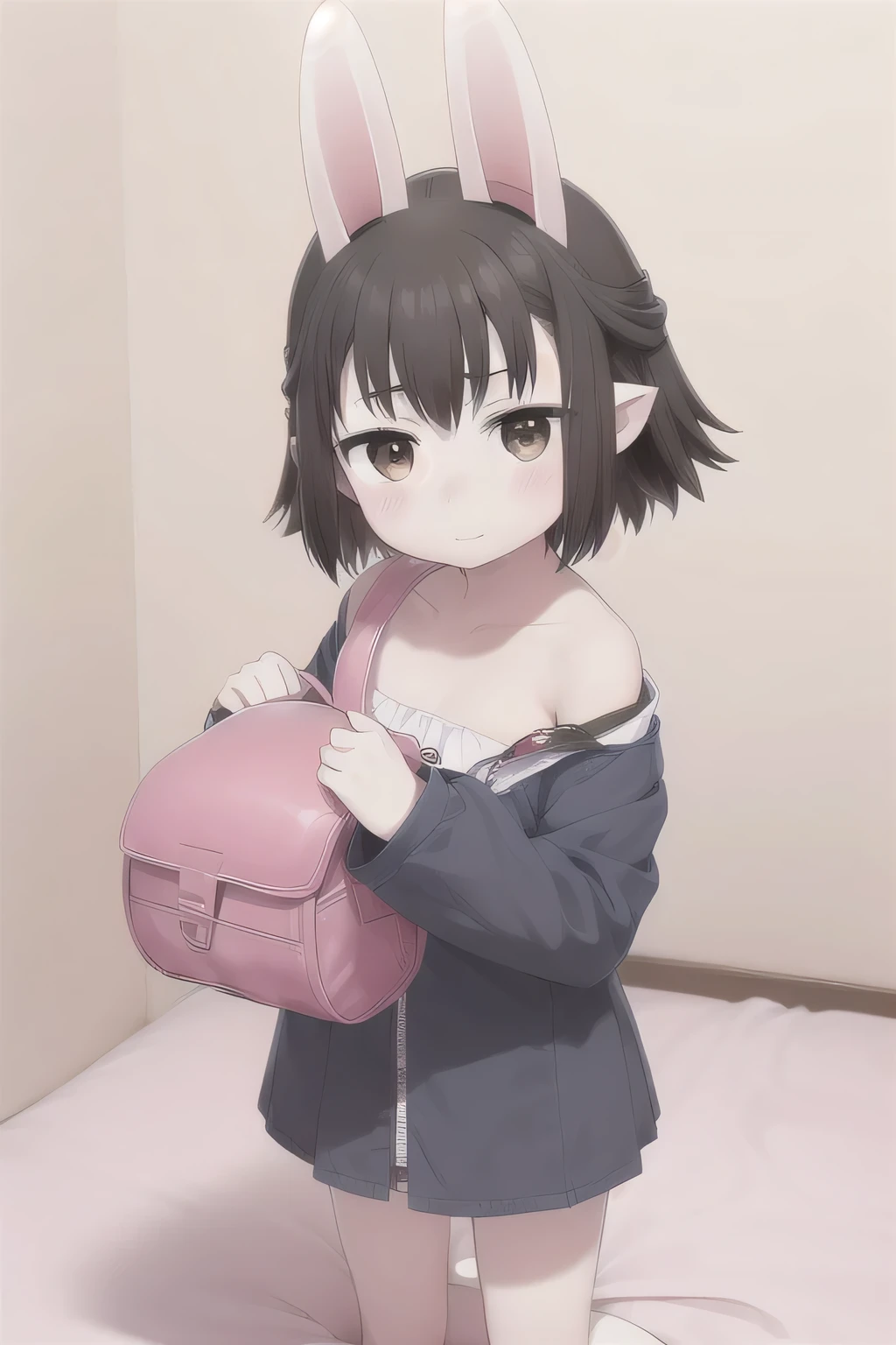 Hasaha, One girl, alone,, Animal ears, Shoulder Bare,Breast flash、Shoulder Bareオーバーサイズキャミソール、Mischief、 Black Hair, Bunny ears, short hair, Brown eyes, Pointed Ears, mini skirt,On the bed, Crystal Ball, Holding, whole body, Embarrassed smile,、Thin chest、clothes get messed up、(No band)、school bag