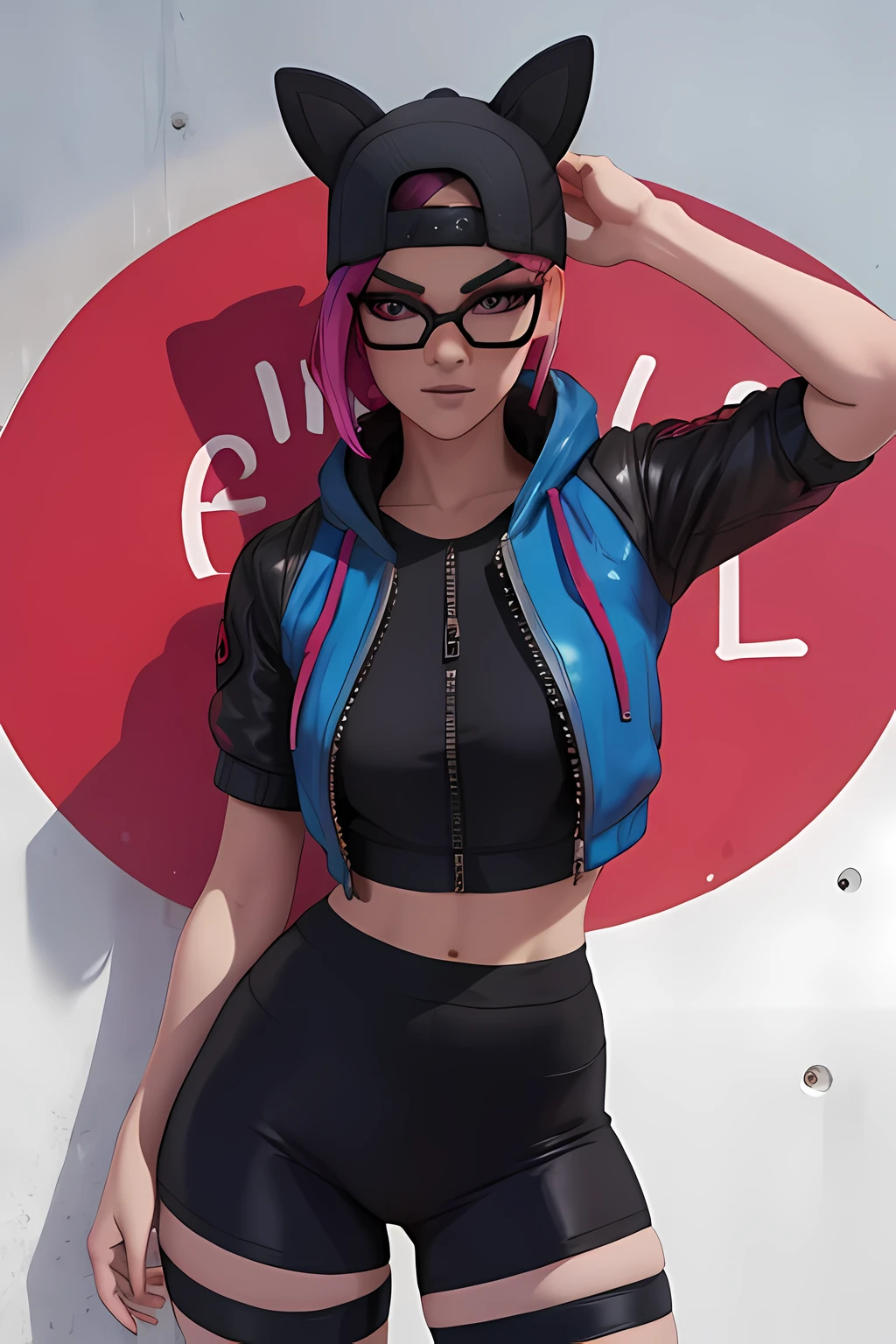 Traje de lino Cyberpunk, gorra, shorts negro con leggins Azul Marino, chaqueta blanco ,Extremadamente detallado, rostro detallado, gafas ,hermoso rostro, ojos finos, mirando al espectador, pose femenino, Noche