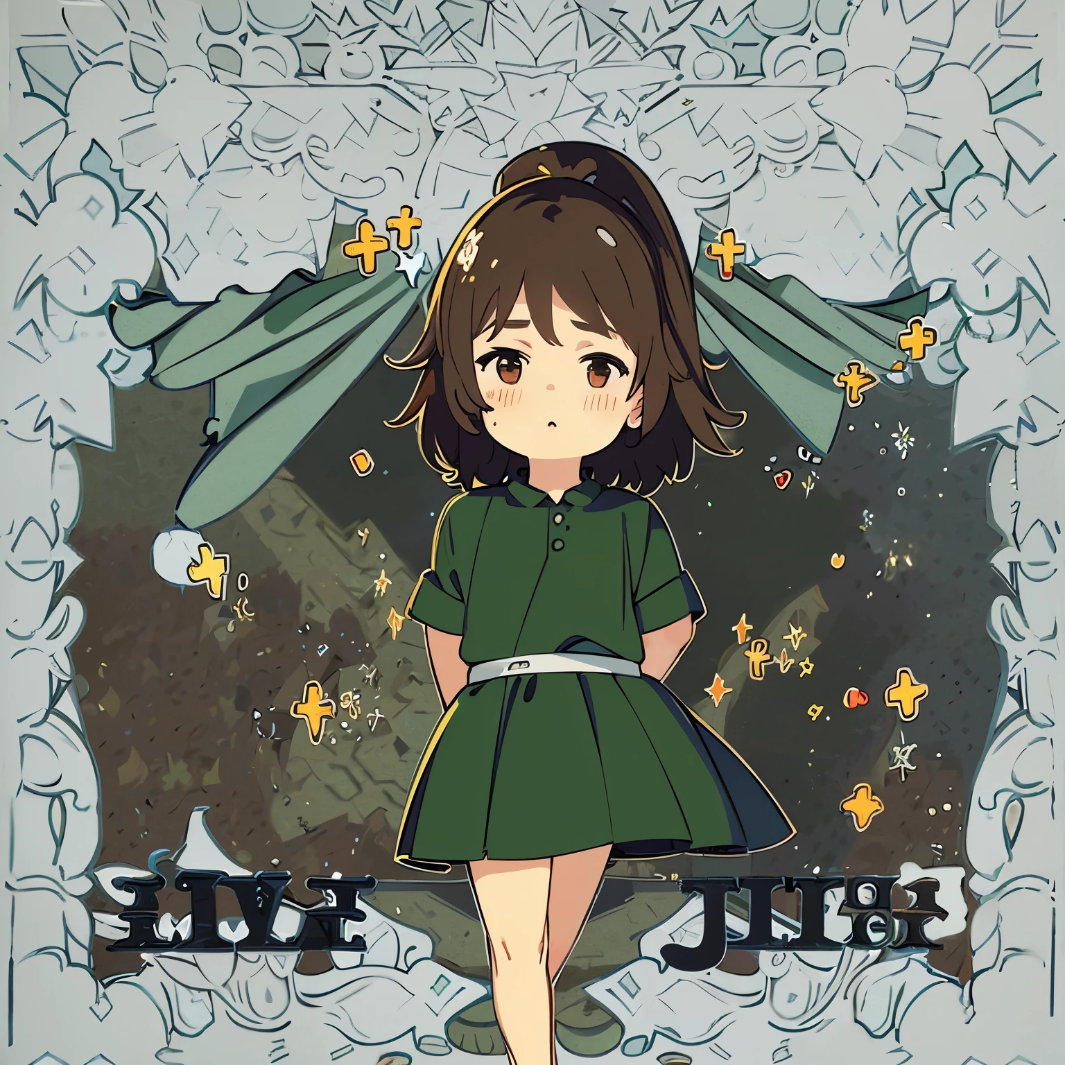 Chica cute, feliz, alegre, sin problemas, con pastillas a su alrededor, dark brown hair and green clothes
