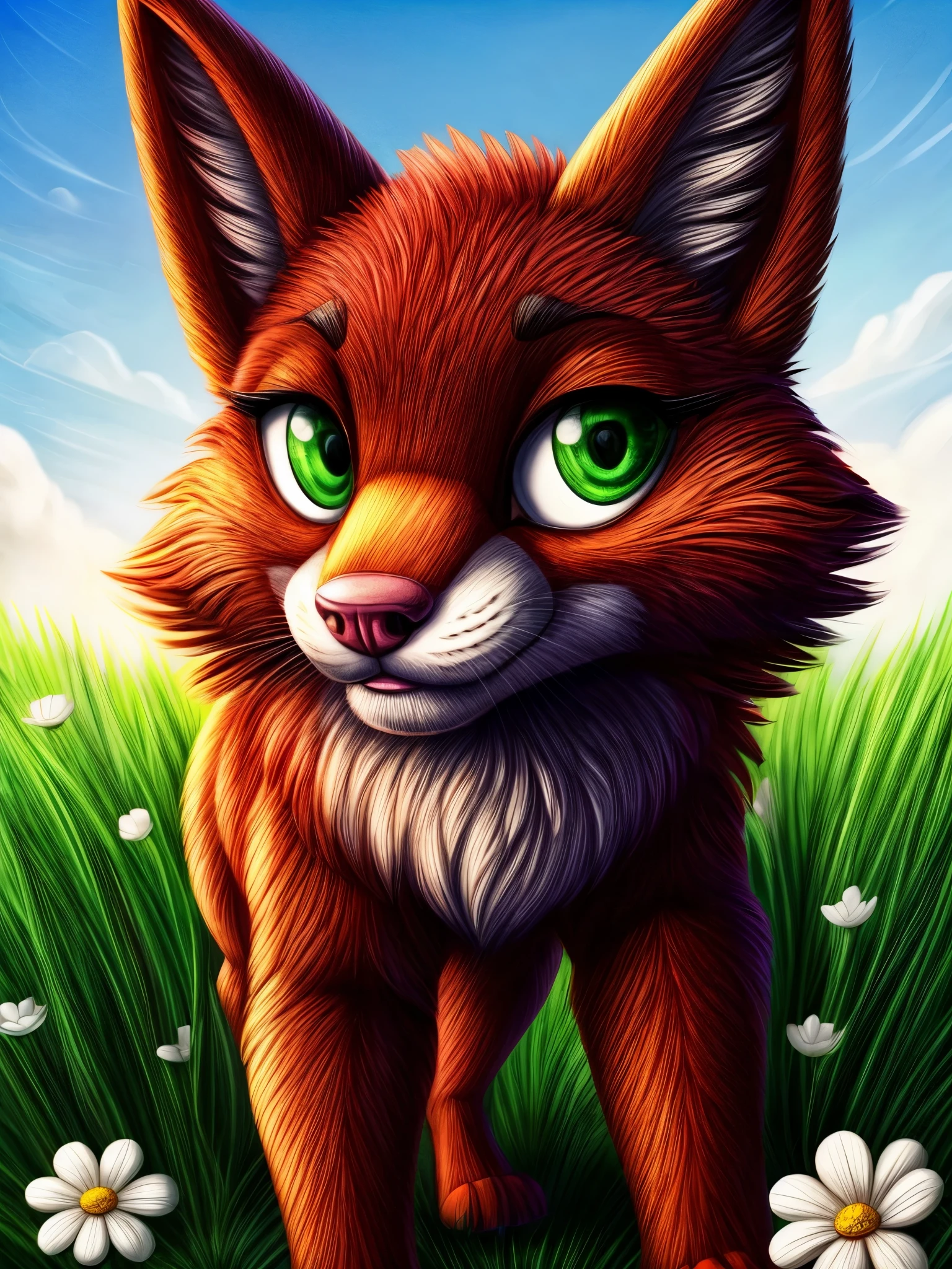 Foxy Roxy, furry style,illustration,beautiful detailed eyes,beautiful detailed lips,extremely detailed face,long eyelashes,shiny fur,furry tail,cute pink nose,playful expression,standing on green grass,with blooming flowers,bright sunlight,high contrast colors,portrait,sharp focus,vivid colors,soft lighting.