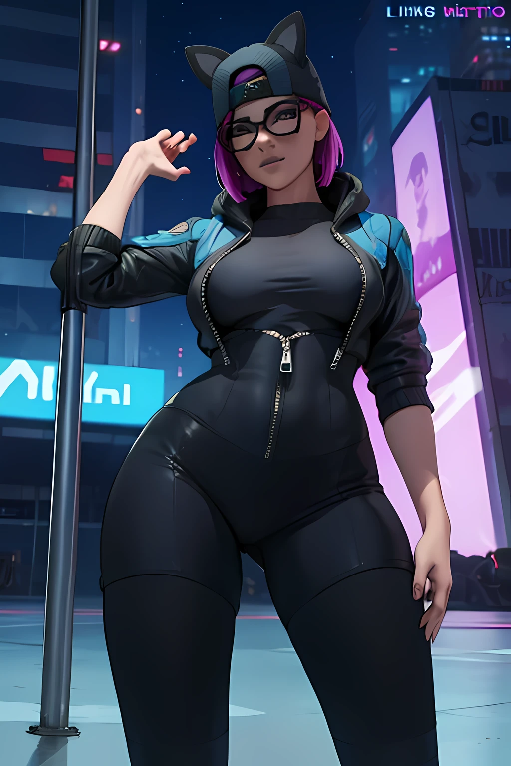 Traje de lino Cyberpunk, gorra, shorts negro con leggins Azul Marino, chaqueta blanco ,Extremadamente detallado, rostro detallado, gafas ,hermoso rostro, ojos finos, mirando al espectador, pose femenino, Noche
