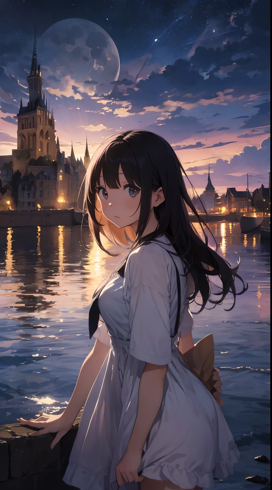 Create a masterpiece image set in Mont Saint-Michel and its bay at night。The scene is enveloped in the soft glow of moonlight、Cast long shadows、Illuminate the ancient architecture of the monastery。This girl is beautiful and adorable。She was exploring the historic site, wide-eyed in surprise。 She wears traditional costume and、The fabric is painted with maximum realism.、Different textures are emphasized。Her skin is also rendered in great detail、Captures subtle changes in texture and color。 The bay around her is calm and、The surface of the water plays the role of a mirror、It reflects the moonlight and the silhouette of Mont Saint-Michel。Delicately depicting the reflection of the water surface、Captures subtle ripples and play of light。 The girl was looking up at the camera curiously.、Gives the impression that the viewer is looking down on her。This sense of perspective is、It can be achieved using the fisheye effect to distort the image to create a wide panoramic or hemispherical view。 The overall quality of the image must be of the highest standard、Emphasis on enhancing the quality of details。The final artwork is、With the innocence of the girl、Mont Saint-Michel and its timeless beauty at night will be a celebration of the bay。