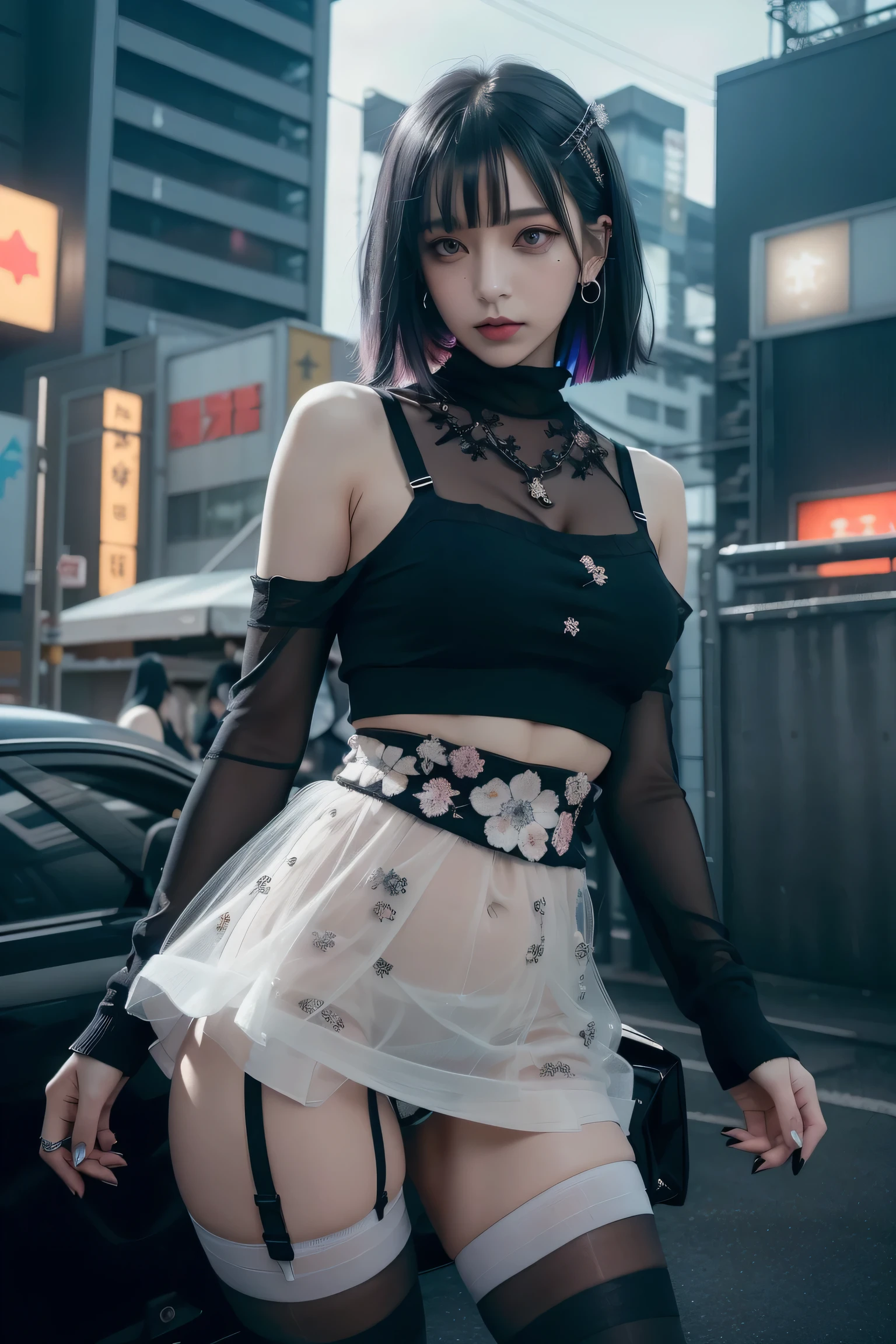 ((Rooftop of a building: 1,3)), ((Goth_punk, alone, Medium Shot, Walking the rooftops of Harajuku, ((night)), Blur, Neon Light, Rainbow Eyes, Starry Sky, Shiny black hair, White eyebrows, Shiny Hair, (Rainbow black hair), Earring, good, jewelry, Blunt bangs, Busy eyes, Background Blur, Blur, hair ornaments, sight, short hair, Portraiture, Side Lock break ((Swedish girl, White skin, White)),((Women&#39;s work suits:1.3)), break (Gal: 1. 1),(Glamour: 1. 3),(night),(Supermodel: 1.3)),break ((earring, ring)), Cowboy Shot,((Tall people)),((Android)),((Look Up)),((Top Angle:1. 3)), From above, looking at the camera,((Event Companion)),((Thin see -through)) Tight-fitting underwear with straps)),((black knee socks)),((big thighs)),(big butt),((Floral dress)),((Sheer Spring Sweater)),((Sheer Spring Sleeveless)),