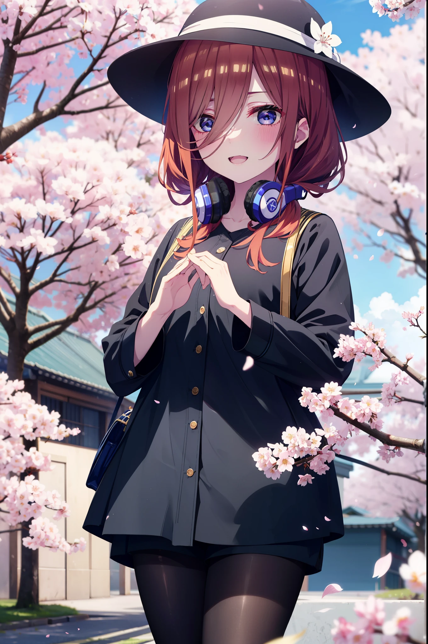 Miku Nakano, Miku Nakano, Long Hair, bangs, blue eyes, brown hair, shirt, Hair between the eyes, smile,blush,Open your mouth,Headphones around neck,オーバサイズチェック柄shirt,Shorts,Black pantyhose,hat,short boots,Cherry blossoms are blooming,Cherry blossoms are scattered,桜並木道
break outdoors, garden,
break looking at viewer, (Cowboy Shot:1. 5)
break (masterpiece:1.2), highest quality, High resolution, unity 8k wallpaper, (figure:0.8), (Beautiful fine details:1.6), Highly detailed face, Perfect lighting, Highly detailed CG, (Perfect hands, Perfect Anatomy),