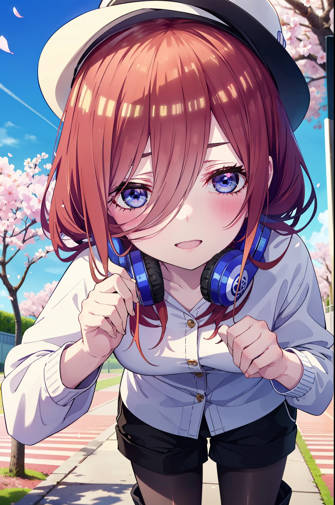 Miku Nakano, Miku Nakano, Long Hair, bangs, blue eyes, brown hair, shirt, Hair between the eyes, smile,blush,Open your mouth,Headphones around neck,オーバサイズチェック柄shirt,Shorts,Black pantyhose,hat,short boots,Cherry blossoms are blooming,Cherry blossoms are scattered,桜並木道
break outdoors, garden,
break looking at viewer,  (Cowboy Shot:1. 5)
break (masterpiece:1.2), highest quality, High resolution, unity 8k wallpaper, (figure:0.8), (Beautiful fine details:1.6), Highly detailed face, Perfect lighting, Highly detailed CG, (Perfect hands, Perfect Anatomy),