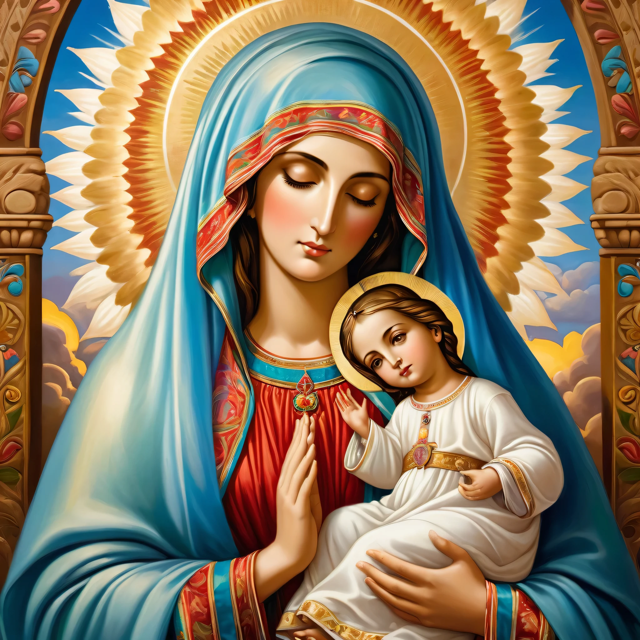 (best quality,highres,masterpiece:1.2),ultra-detailed,realistic,photorealistic:1.37,landscape,portrait,religious painting,traditional art,Mexican art,colorful,rich colors,soothing atmosphere,warm lighting,Latin American culture,National Heritage,iconic artist,scenic beauty,
detailed textures,meticulous brushwork,impressionistic elements,ethereal,devotional scene,Virgin Mary's portrait,classic depiction,emotionally powerful,vibrant,historical context,ageless beauty,heavenly aura,intricate details,humble surroundings,graceful demeanor,sacred symbolism,holiness in every brushstroke,subtle color transitions,artist's signature style,religious icon,fine art masterpiece,spiritual connection,intimate gaze,serene expression,soft highlights,subtle shading,faith and divinity,intense devotion,symbolic meanings,elegance in simplicity,religious devotion,sublime beauty,transcendental experience,majestic composition,sacred space.