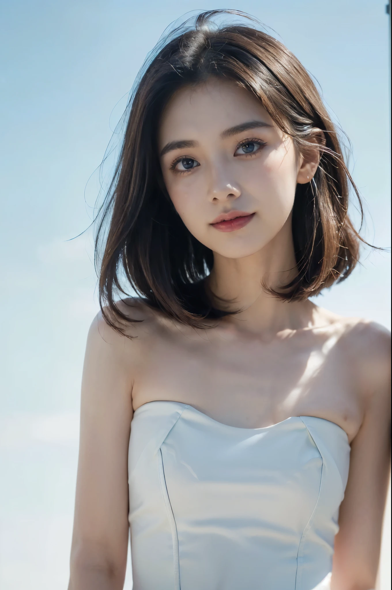 ((((8k))),((Extremely meticulous CG)) ,(wallpaper),16k,((Extremely refined and beautiful)),(((Masterpiece))),(((best qualtiy))),(((Ultra High Resolution))),beautiful light up,realistic shaded,((high resolution)),(Smooth and flawless skin:1.5),(Extremely exquisite facial details:1.2),(perfect body:1.2),(ultra-detailed),((A beautiful girl,solo)),(small head:1.2),(pale skin:1.3),(shoulder length straight bob hair:1.2),(small face:1.2),(Exquisite makeup:1.2),((slim,thin)),(smile:1.2),(happy:1.2),(small breasts:1.2),(flat chests:1.2),(white gothic dress:1.3),(day scene:1.3),(azure sky background:1.5),(upper body:1.3),(standing:1.3),(aerial:1.3),(from front:1.3)