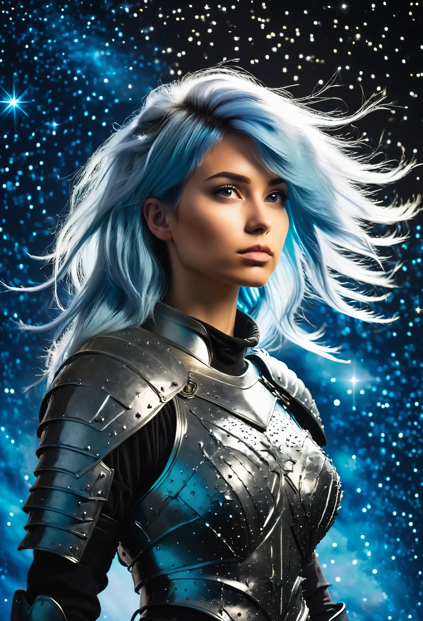 a stylized young caucasian woman warrior ((silhouette)) formed by bright stars. with straight long light blue messy hair. medieval silver armor. Cosmic background.