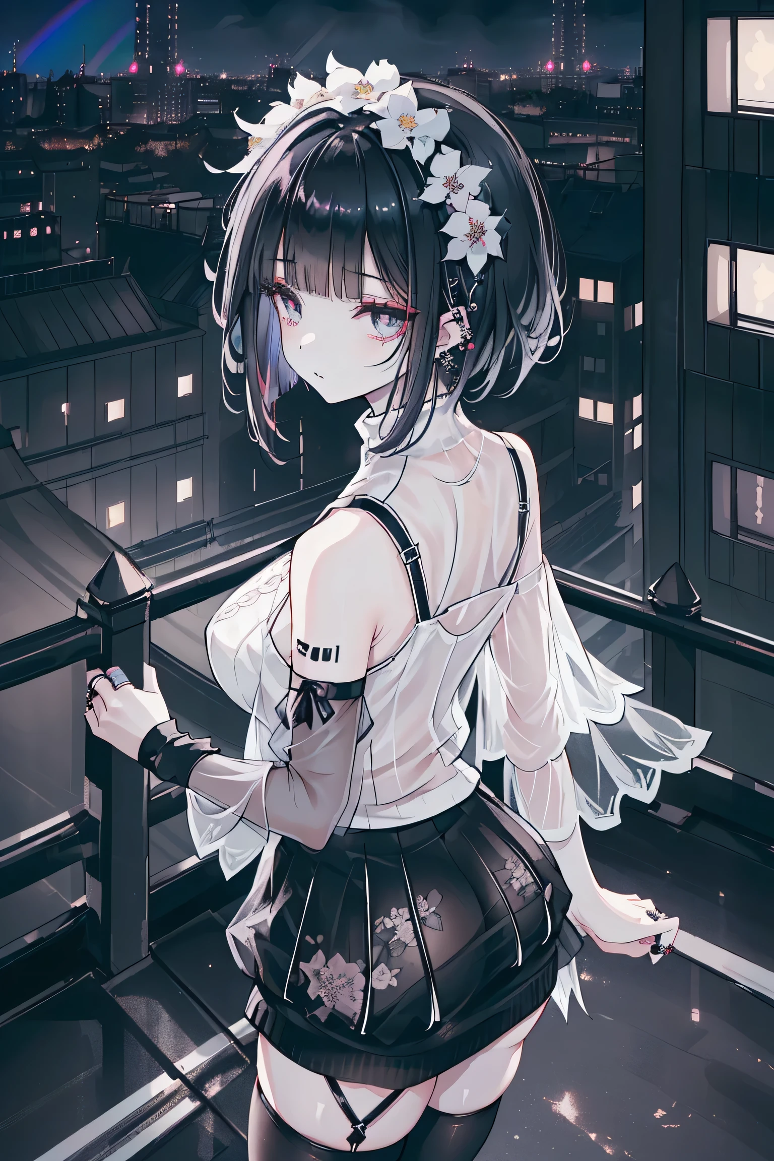 ((Rooftop of a building: 1,3)), ((Goth_punk, alone, Medium Shot, Walking the rooftops of Harajuku, ((night)), Blur, Neon Light, Rainbow Eyes, Starry Sky, Shiny black hair, White eyebrows, Shiny Hair, (Rainbow black hair), Earring, good, jewelry, Blunt bangs, Busy eyes, Background Blur, Blur, hair ornaments, sight, short hair, Portraiture, Side Lock break ((Swedish girl, White skin, White)),((Women&#39;s work suits:1.3)), break (Gal: 1. 1),(Glamour: 1. 3),(night),(Supermodel: 1.3)),break ((earring, ring)), Cowboy Shot,((Tall people)),((Android)),((Look Up)),((Top Angle:1. 3)), From above, looking at the camera,((Event Companion)),((Thin see -through)) Tight-fitting underwear with straps)),((black knee socks)),((big thighs)),(big butt),((Floral dress)),((Sheer Spring Sweater)),((Sheer Spring Sleeveless)),