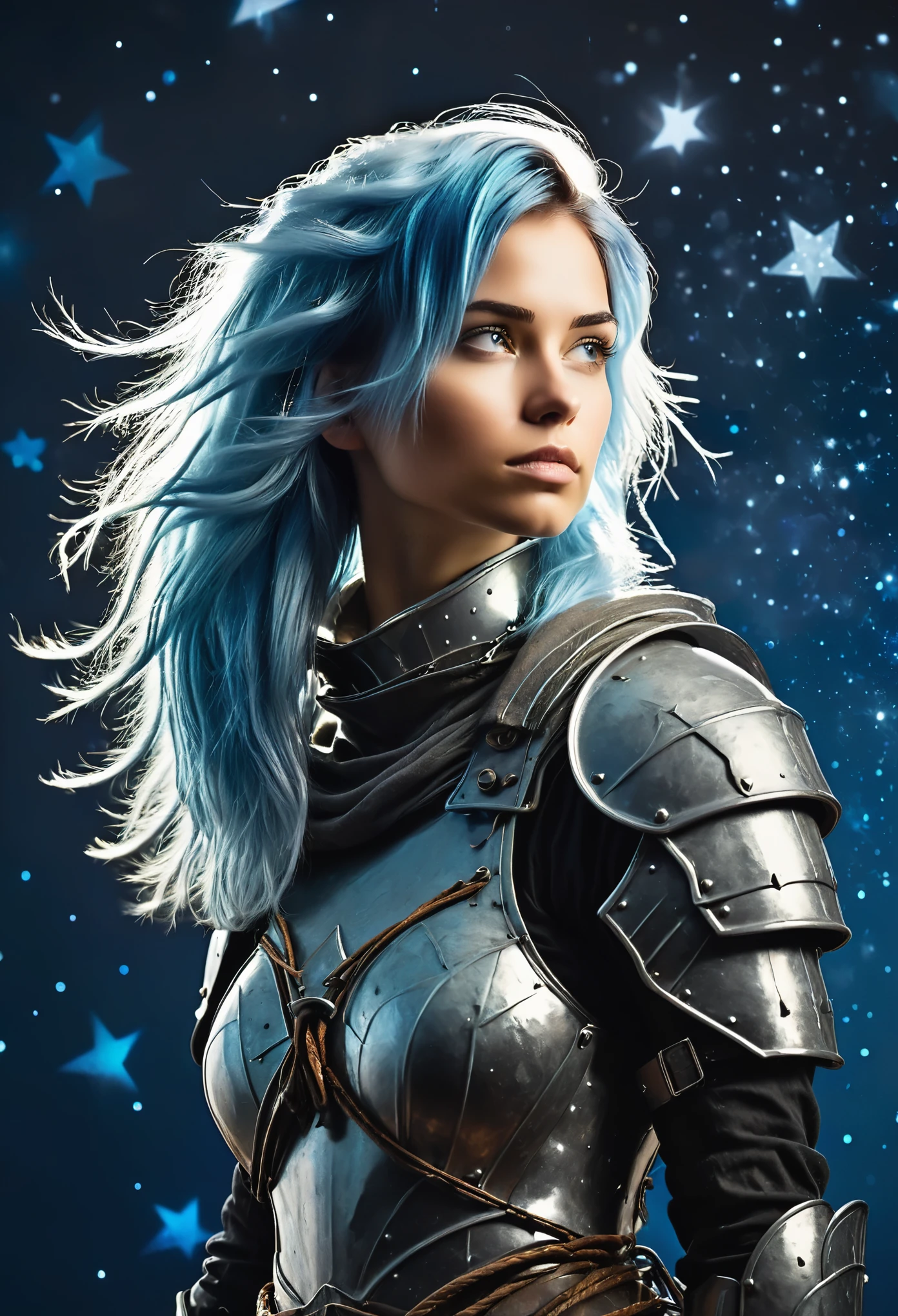 a stylized young caucasian woman warrior ((silhouette)) formed by bright stars. with straight long light blue messy hair. medieval silver armor. Cosmic background.