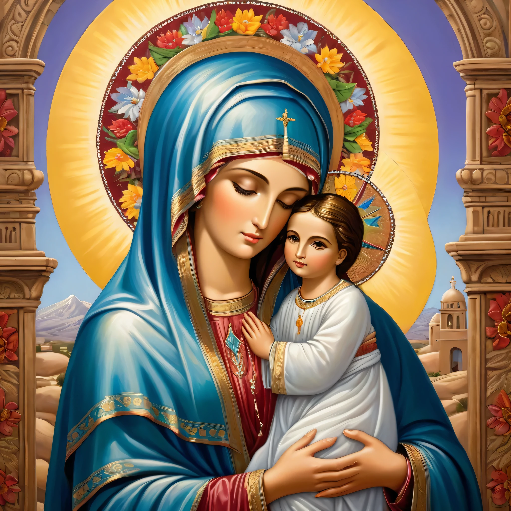 (best quality,highres,masterpiece:1.2),ultra-detailed,realistic,photorealistic:1.37,landscape,portrait,religious painting,traditional art,Mexican art,colorful,rich colors,soothing atmosphere,warm lighting,Latin American culture,National Heritage,iconic artist,scenic beauty,
detailed textures,meticulous brushwork,impressionistic elements,ethereal,devotional scene,Virgin Mary's portrait,classic depiction,emotionally powerful,vibrant,historical context,ageless beauty,heavenly aura,intricate details,humble surroundings,graceful demeanor,sacred symbolism,holiness in every brushstroke,subtle color transitions,artist's signature style,religious icon,fine art masterpiece,spiritual connection,intimate gaze,serene expression,soft highlights,subtle shading,faith and divinity,intense devotion,symbolic meanings,elegance in simplicity,religious devotion,sublime beauty,transcendental experience,majestic composition,sacred space.