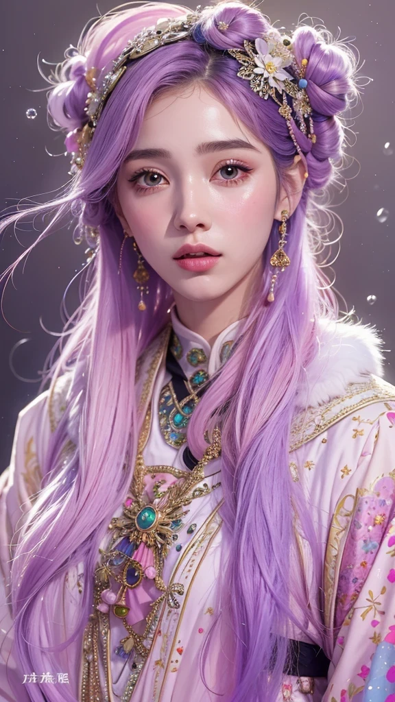 （（（Single eyelid）））Snow hoop exclusion area 32K（tmasterpiece，k hd，hyper HD，32K）Long flowing purple-pink hair，Autumn Pond，zydink， a color， Tongzhou people （Girl with glowing eyes）， （Thin silk scarf）， Side squat position， looking at the ground， long whitr hair， Floating hair， Python headdress， Chinese long-sleeved clothing， （abstract ink splash：1.2）， white backgrounid，Lotus protector（realisticlying：1.4），Purple-pink hair，Snowflakes fluttering，The background is pure， A high resolution， the detail， RAW photogr， Sharp Re， Nikon D850 Film Stock Photo by Jefferies Lee 4 Kodak Portra 400 Camera F1.6 shots, Rich colors, ultra-realistic vivid textures, Dramatic lighting, Unreal Engine Art Station Trend, cinestir 800，Long flowing purple-pink hair，((masterpiece)). This artwork is sweet, dreamy and ethereal, with soft pink watercolor hues and candy accents. Generate a delicate and demure fae exploring a (bubblegum world with a wide variety of pastel shades). Her sweet face is extremely detailed and realistic with elegant features and a fierce expression, and looks like ((((naomi scott)))). Include mature features and stunning, highly realistic eyes. Her eyes are important and should be realistic, highly detailed, and beautiful. In high definition and detail, include lots of details like stars, galaxies, colorful bubbles, colorful petals, and lots of energy and emotion! The stars and colorful bubblegum bubbles are important! Include fantasy details, enhanced details, iridescence, colorful glittering wind, and pollen. Pay special attention to her face and make sure it is beautifully and realistically detailed. The image should be dreamy and ethereal.8k, intricate, elegant, highly detailed, majestic, digital photography